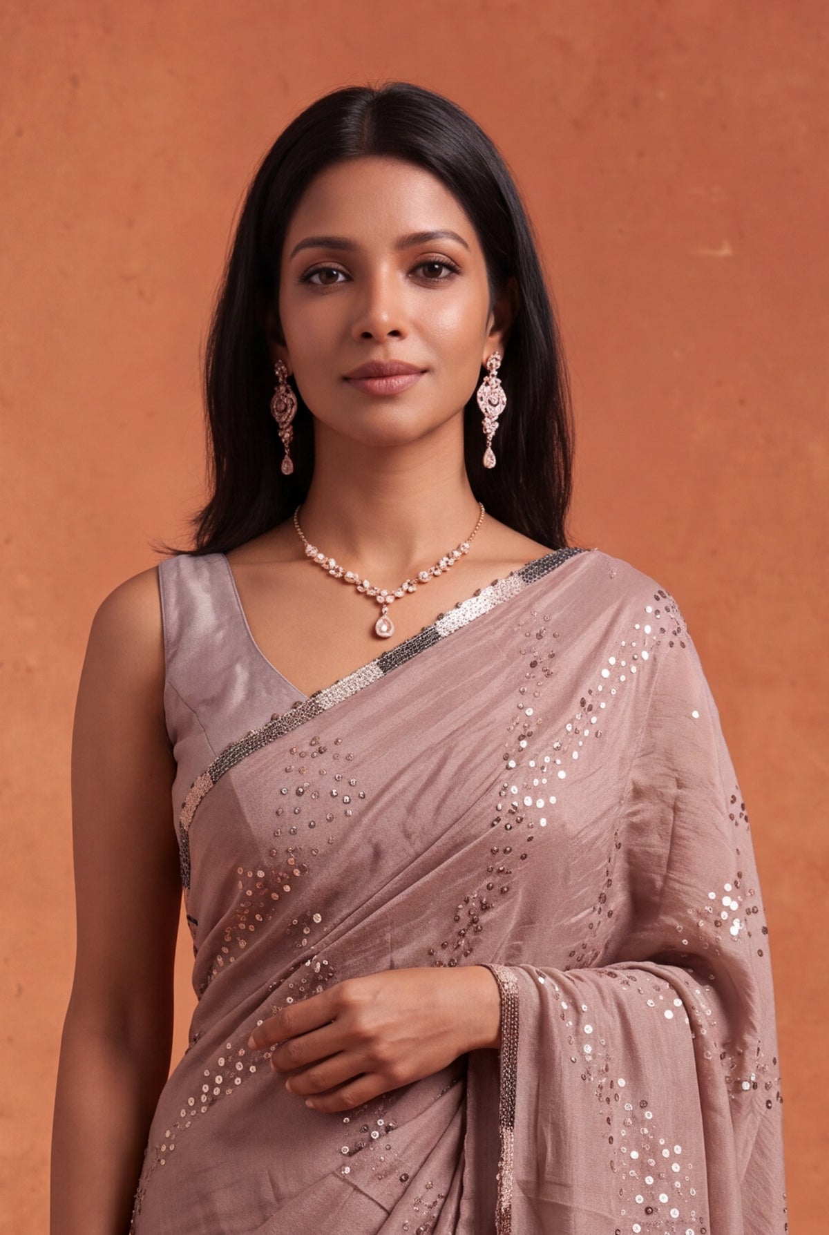 Brown Crush Crepe Saree with Sequin Work - Mokshaa