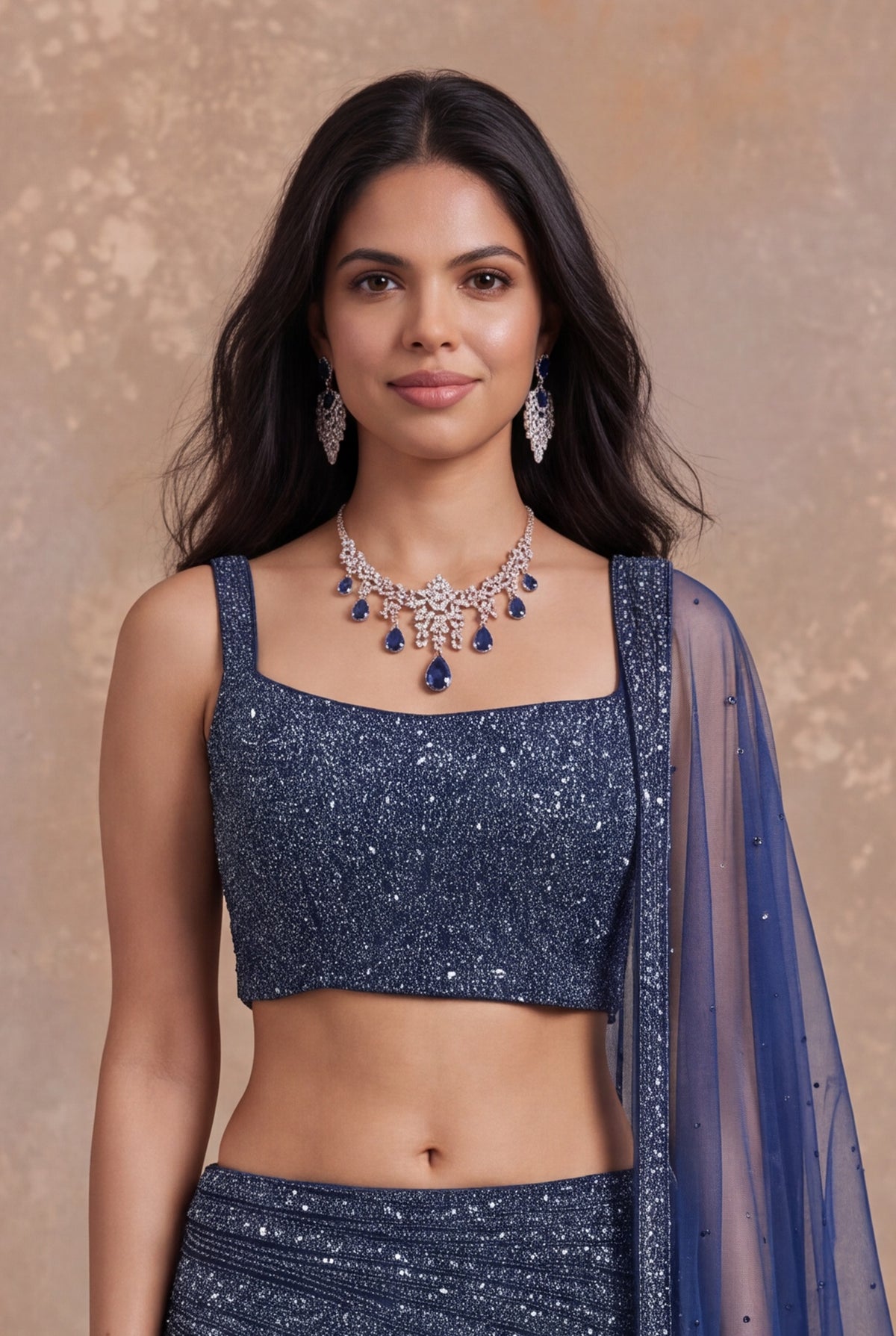 Navy Blue Fish Cut Net Lehenga - Mokshaa