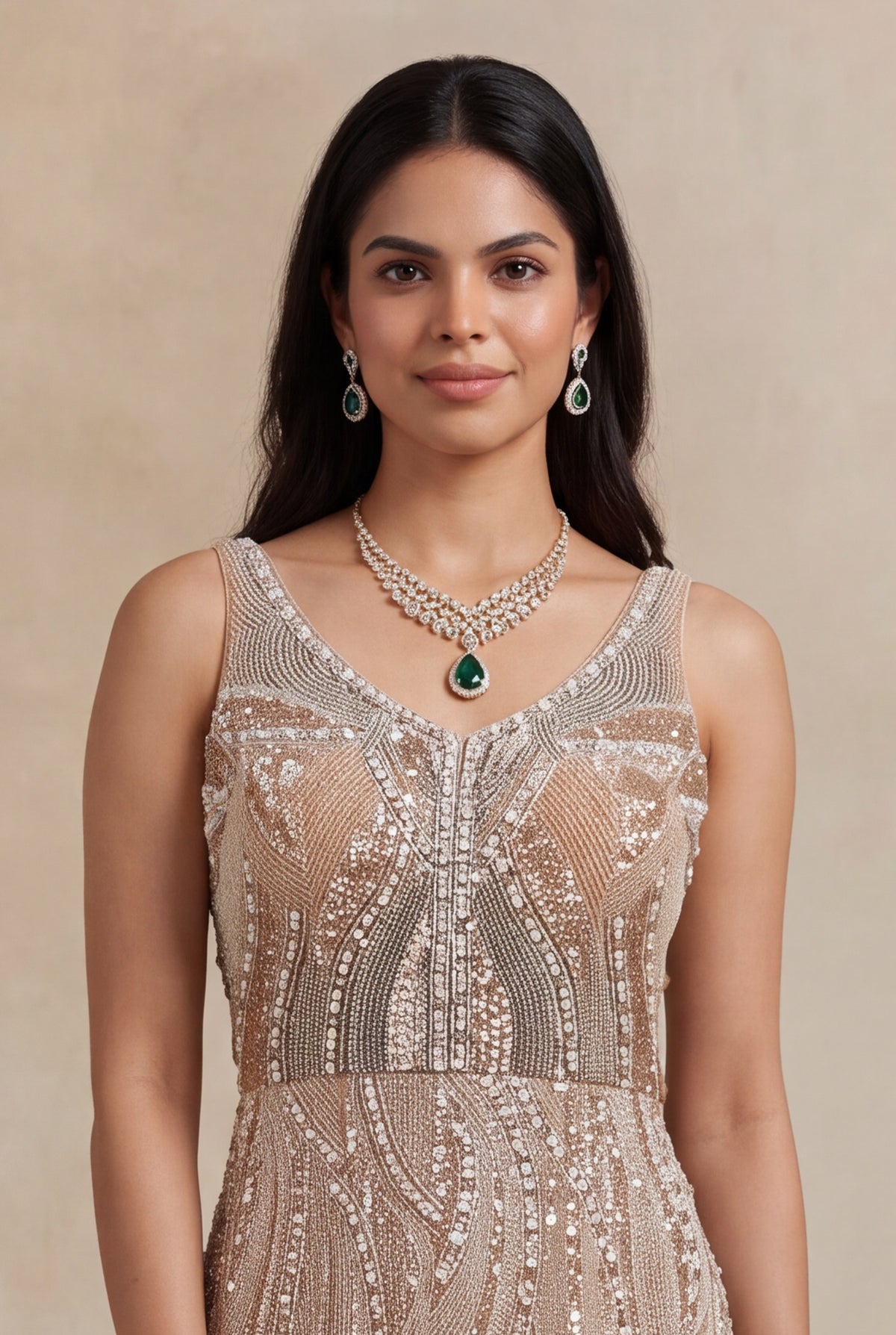Champagne Gold Sequin & Pearl Embroidered Gown - Mokshaa