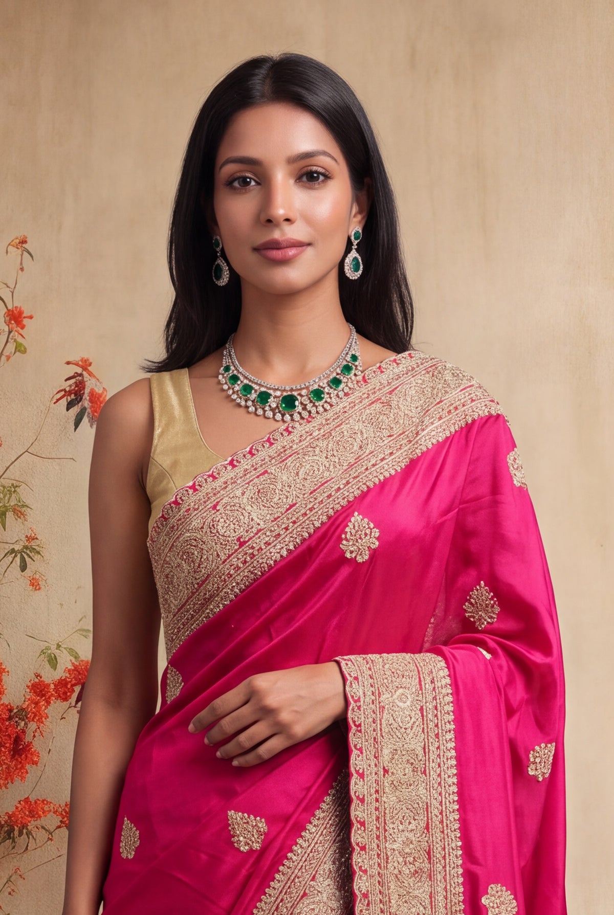 Rani Pink Satin Zardosi Saree - Mokshaa