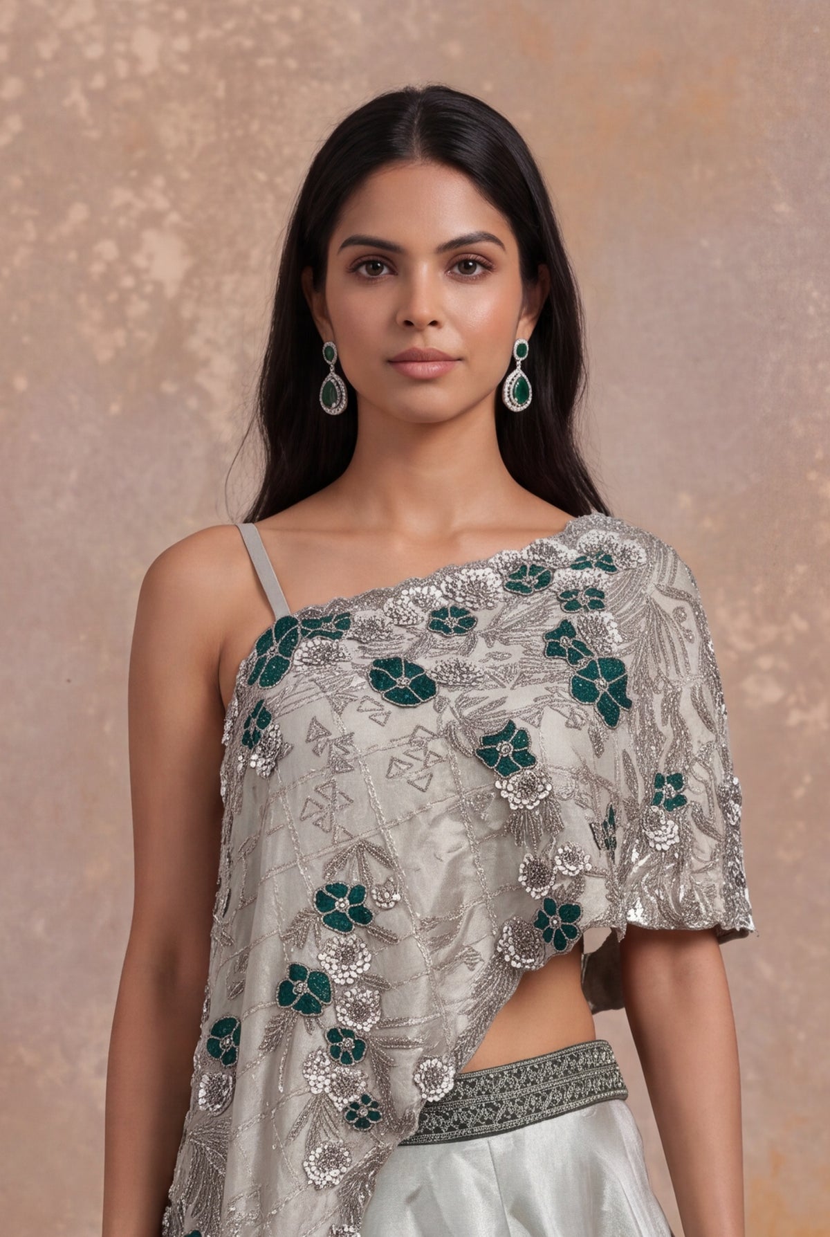 Silver Grey Lehenga with Sequin and Cutdana Floral Embroidery - Mokshaa
