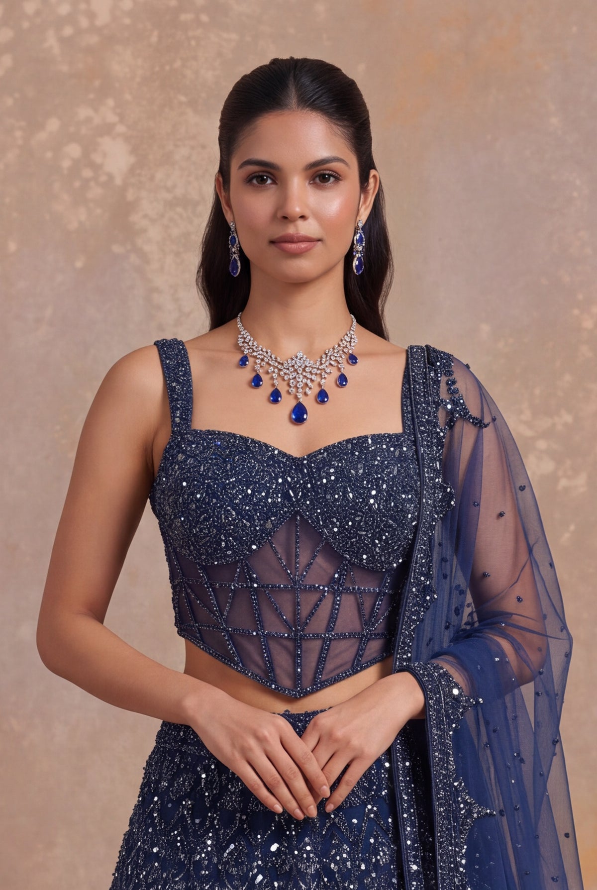 Navy Blue Net Corset Lehenga - Mokshaa