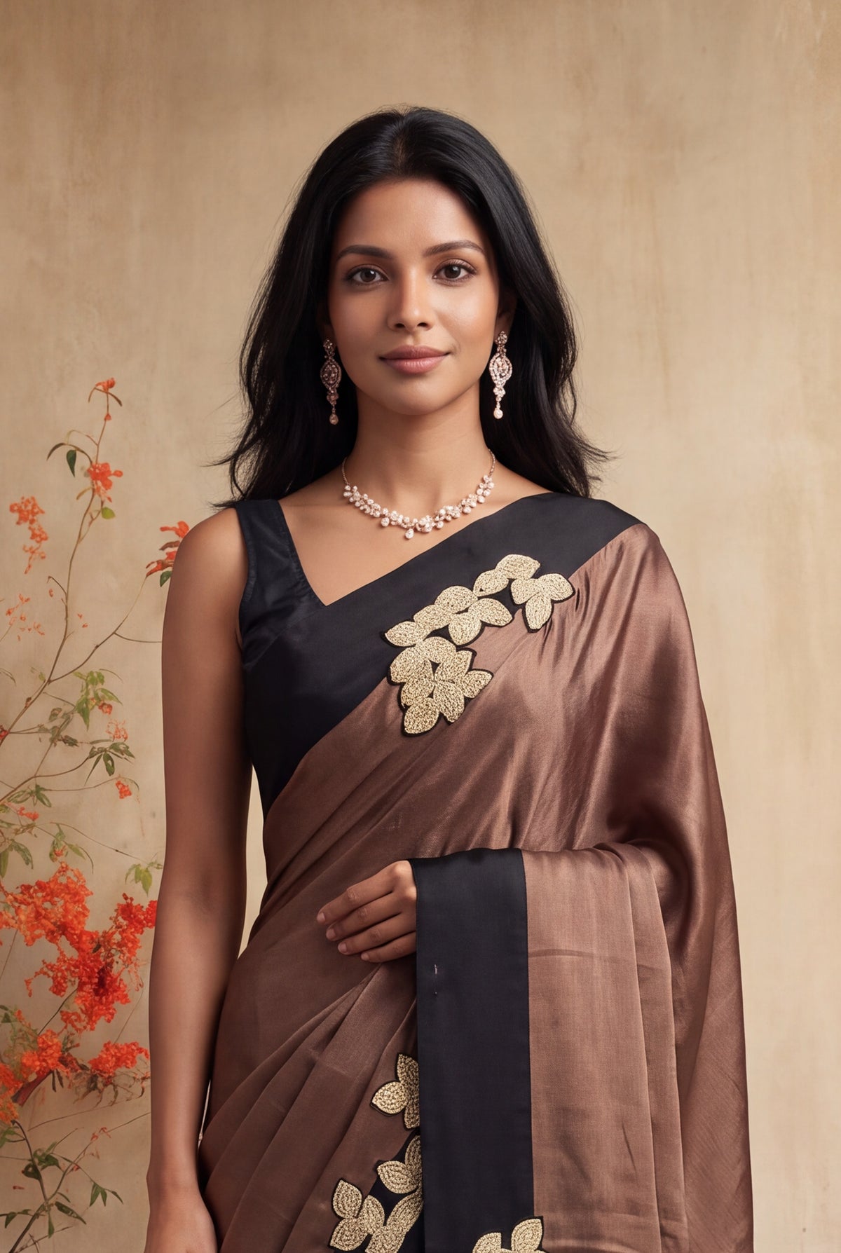 Mocha Brown Crepe Silk Saree - Mokshaa