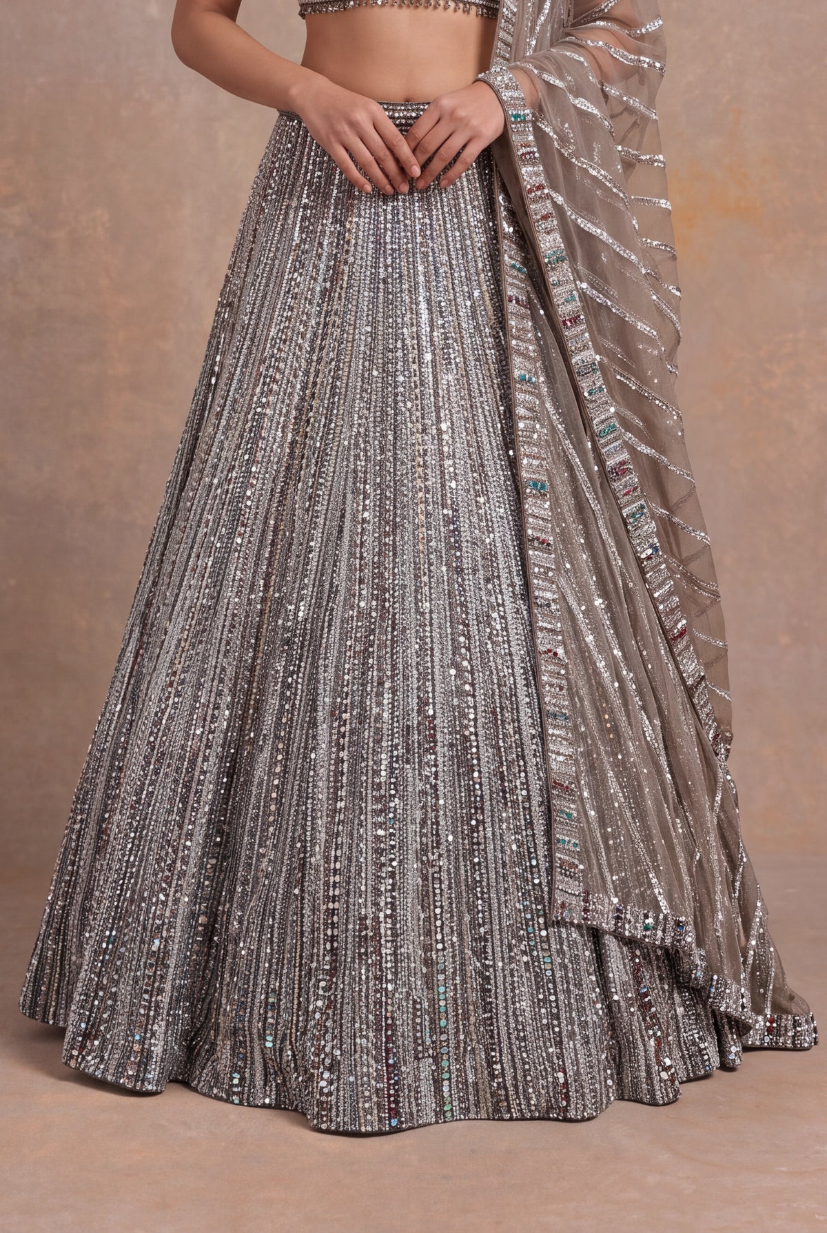 Beige Net Lehenga - Mokshaa