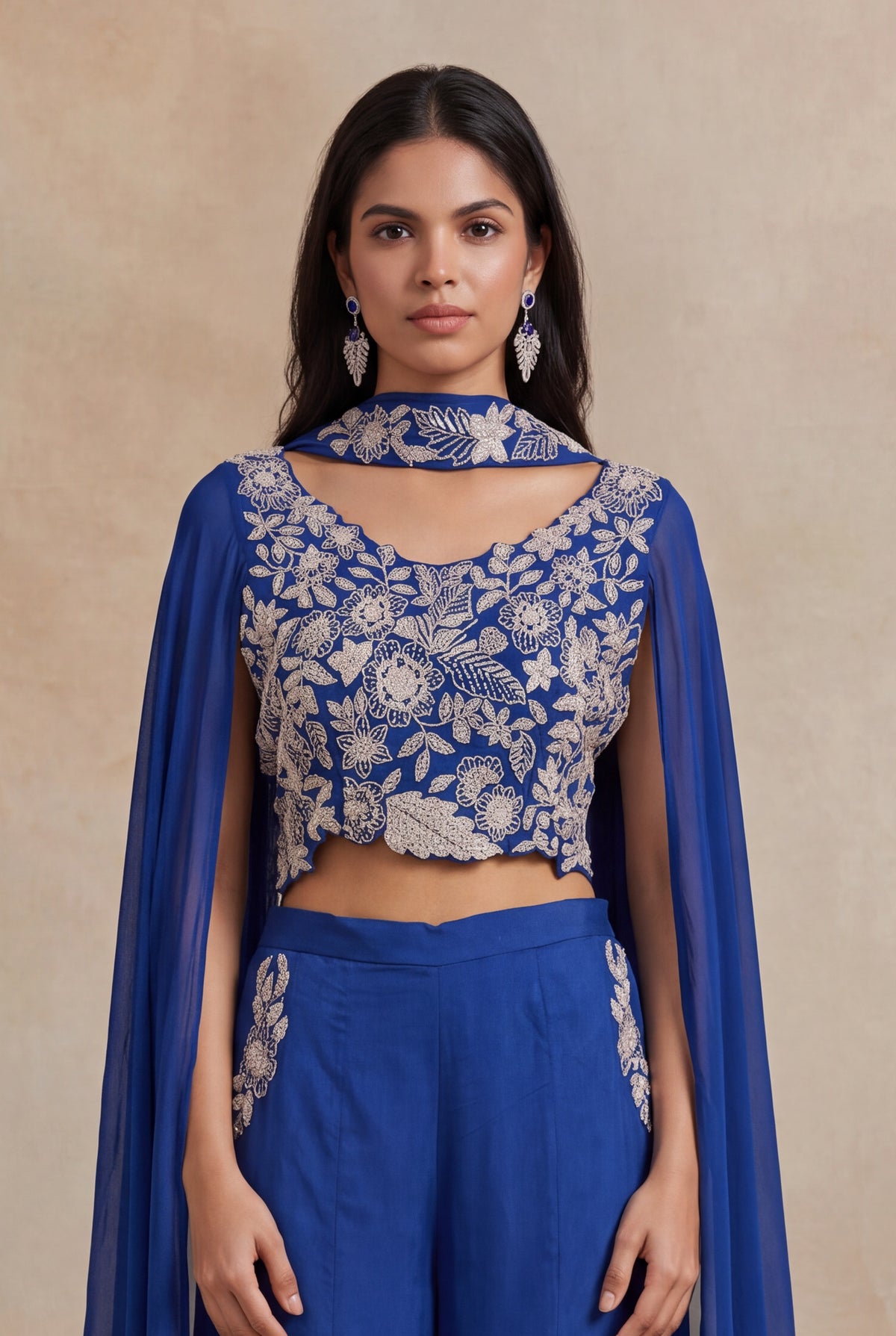 Royal Blue Chinon Georgette Indo-Western Set - Mokshaa