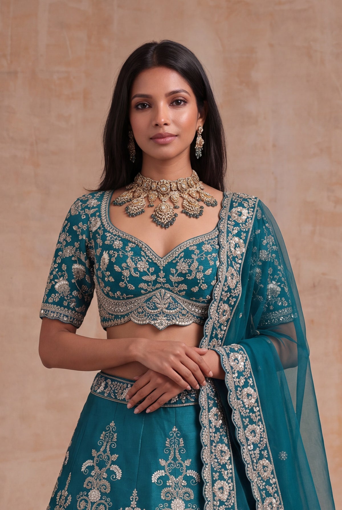 Teal Raw Silk Lehenga - Mokshaa