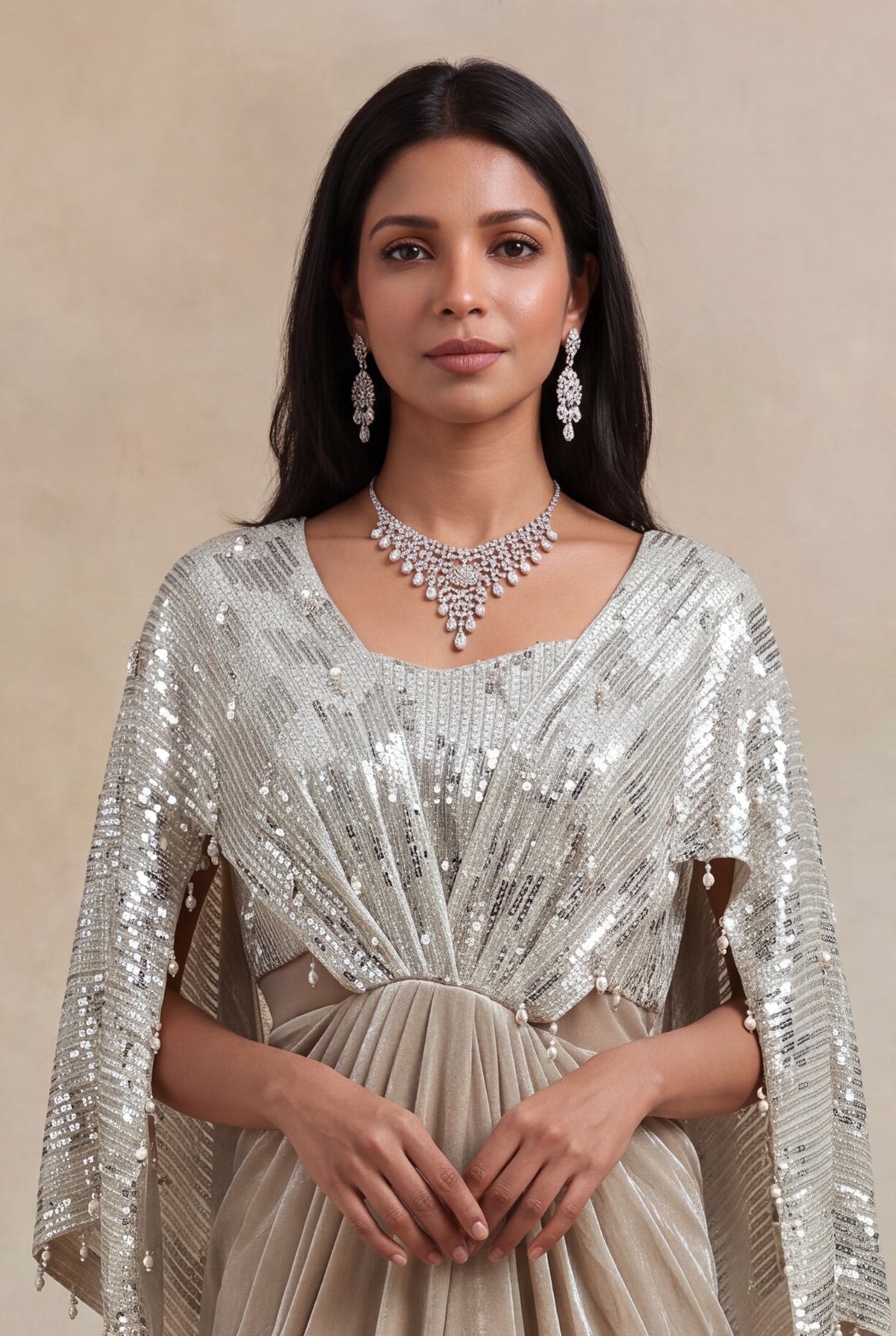 Champagne Silver Sequin & Pearl Draped Gown - Mokshaa