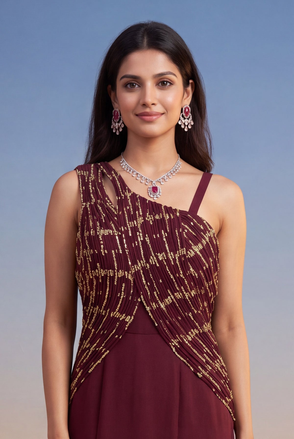 Wine Silk Banarasi Weave Western Gown - Mokshaa