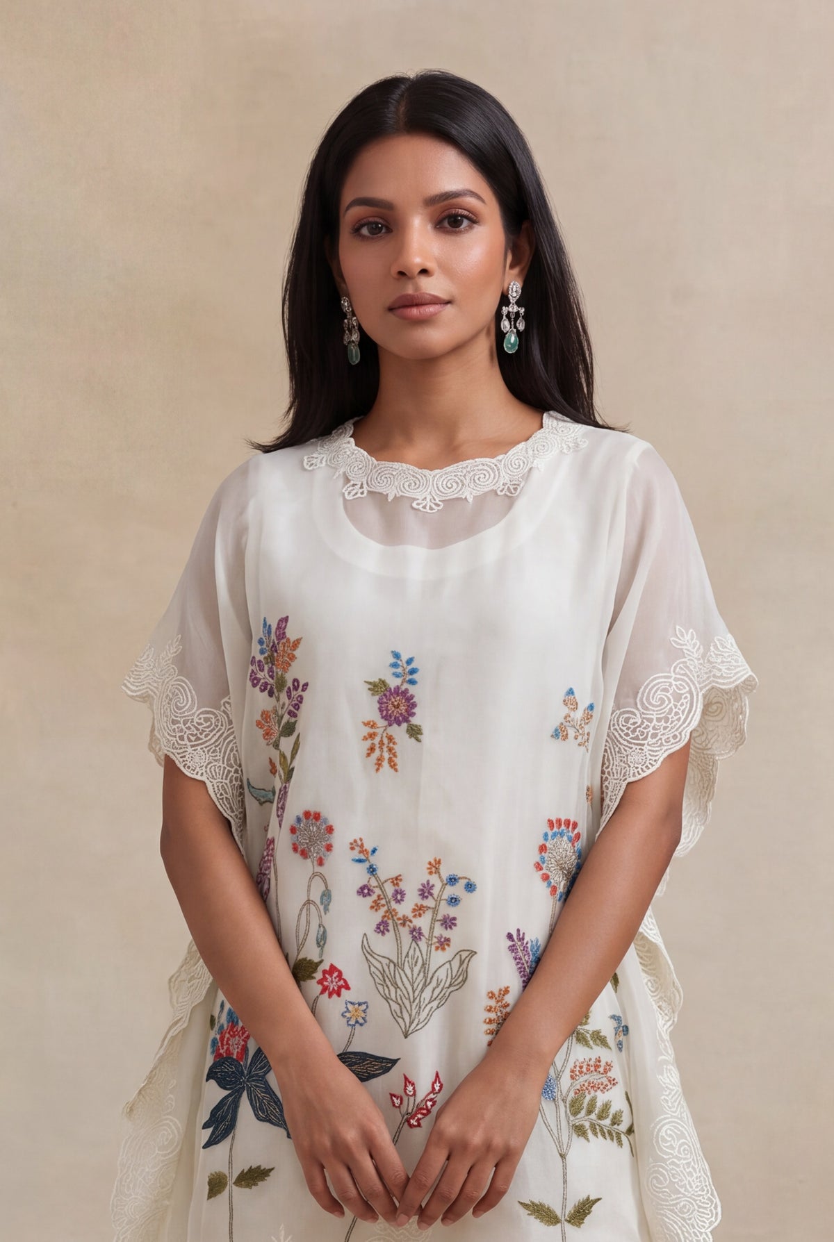 Ivory Organza Kaftan with Floral Thread Embroidery - Mokshaa