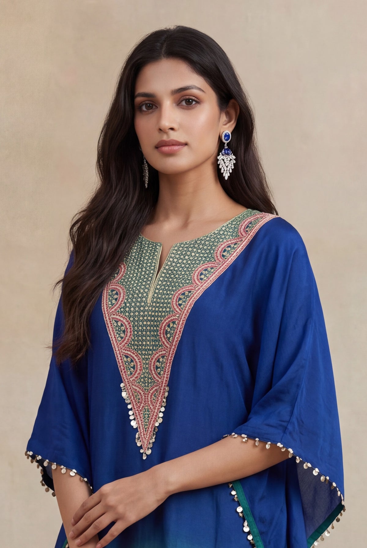 Blue & Emerald Raw Silk Embellished Kaftan Set - Mokshaa