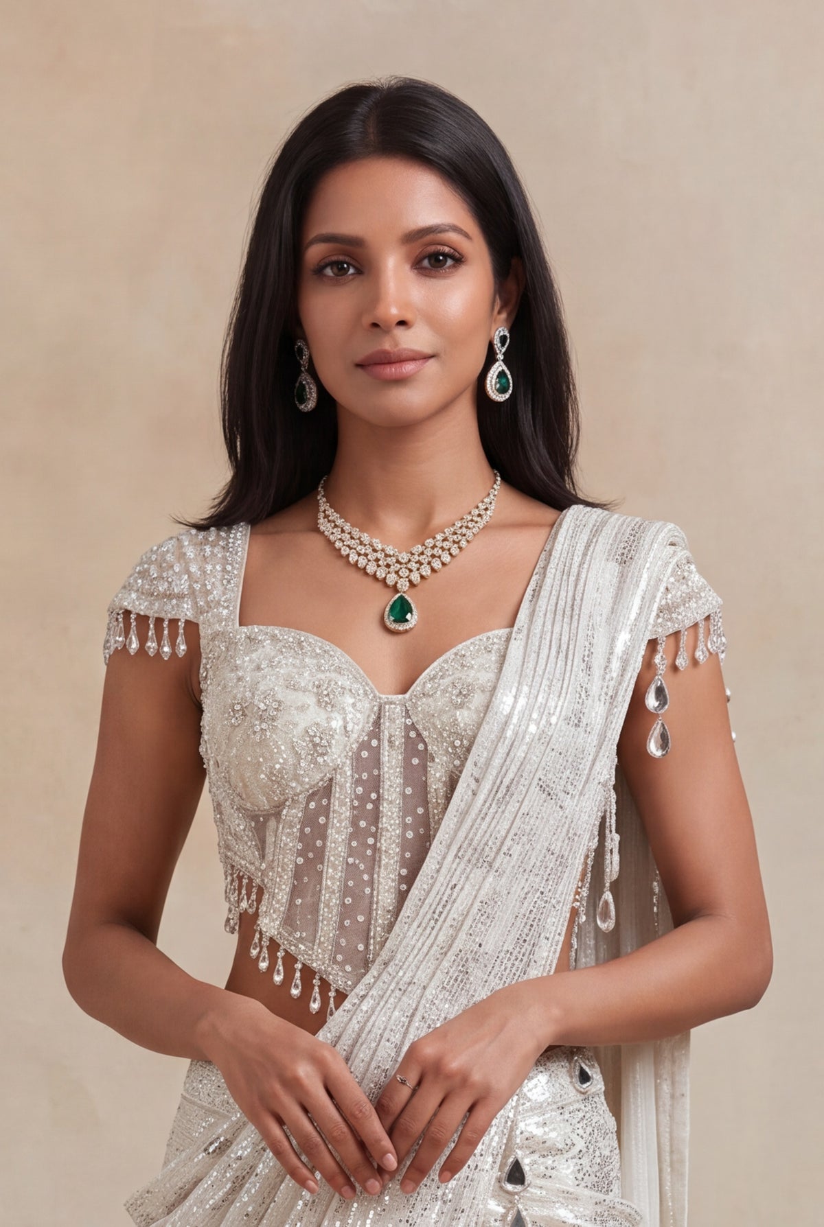 Ivory Net Drape Saree with Embellished Corset Blouse - Mokshaa