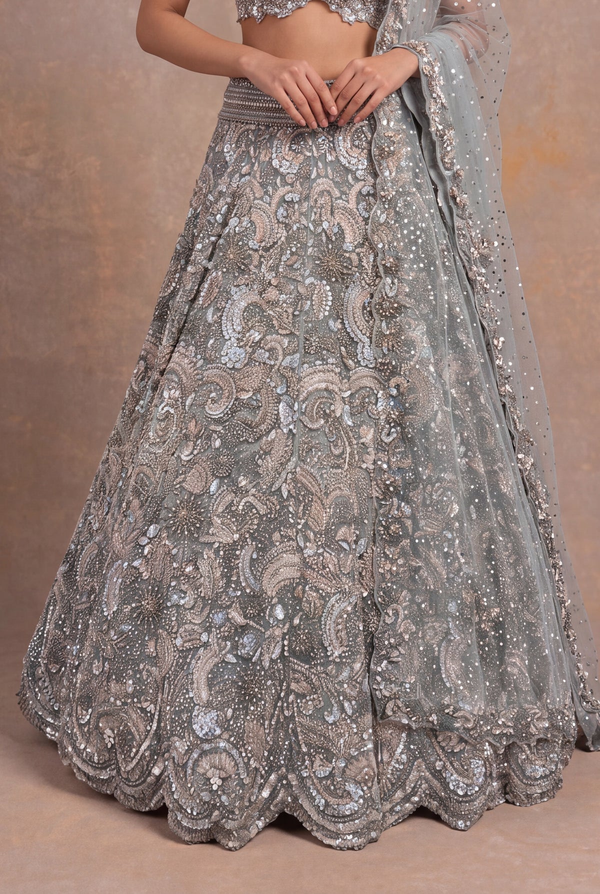 Sea Blue Net Lehenga - Mokshaa
