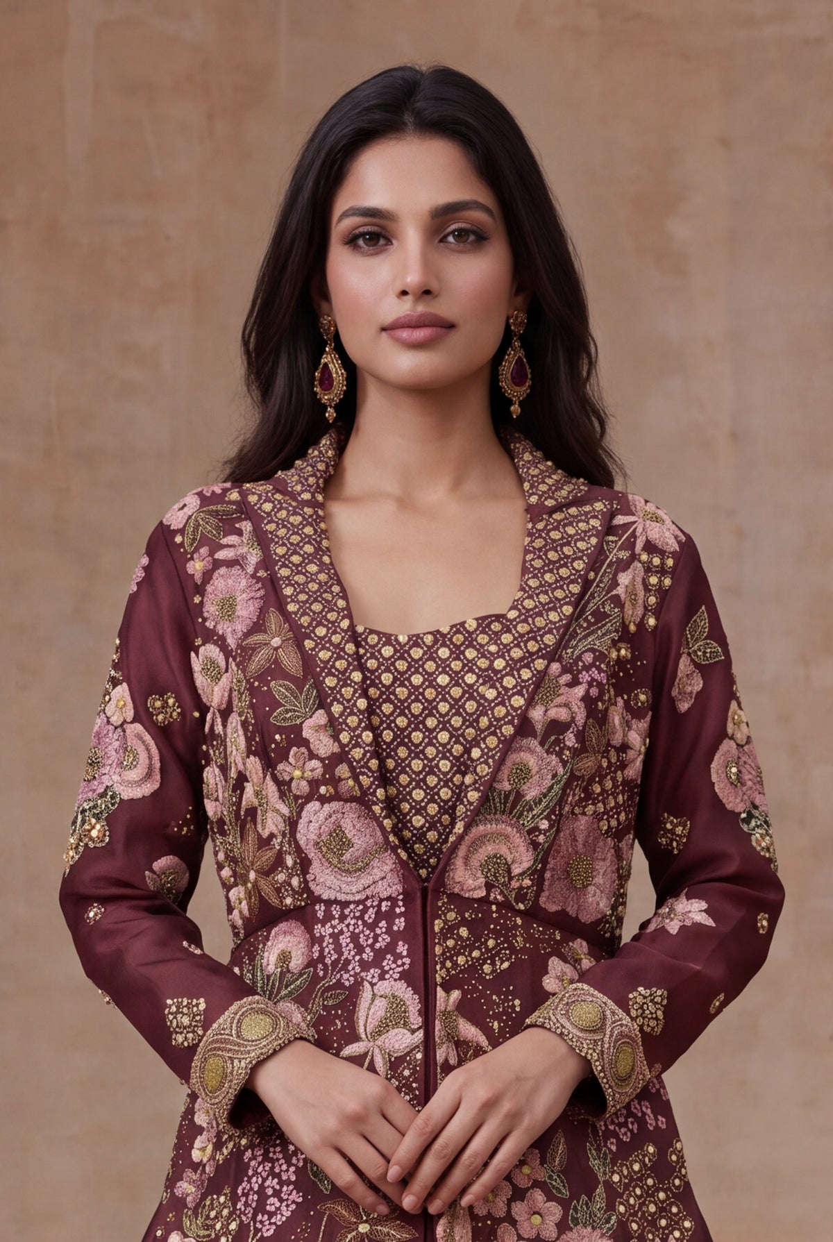 Wine Mauve Raw Silk Jacket Lehenga with Floral Embroidery - Mokshaa