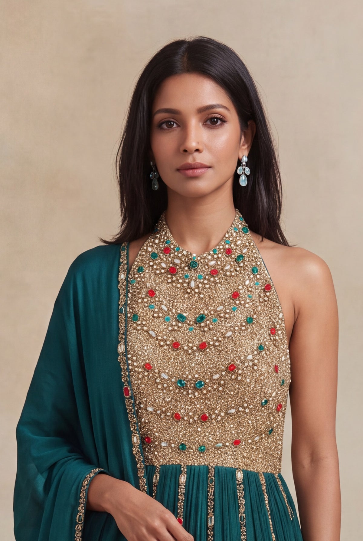 Teal Green Halter Gown with Multi-Stone Zari Embroidery - Mokshaa
