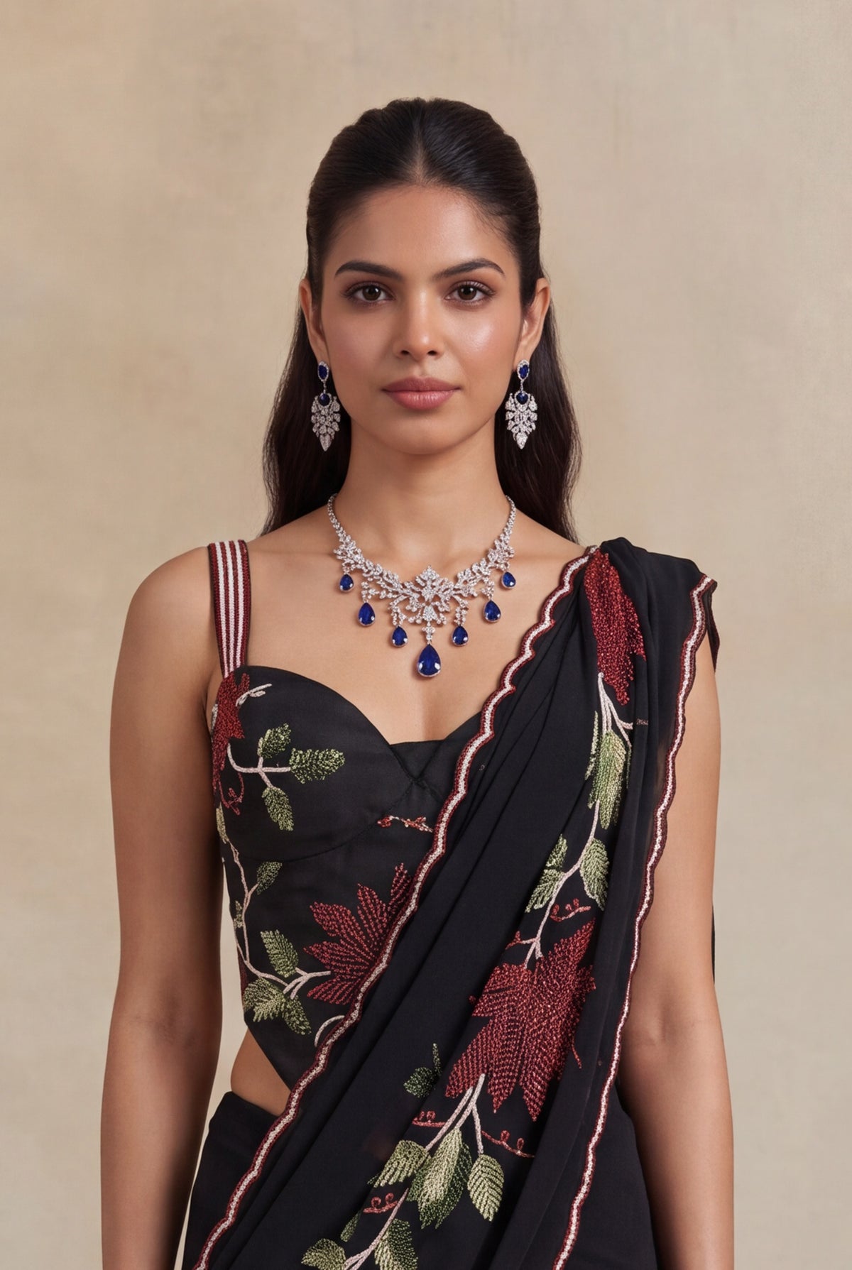 Black Georgette Draped Saree with Floral Sequin Work - Mokshaa