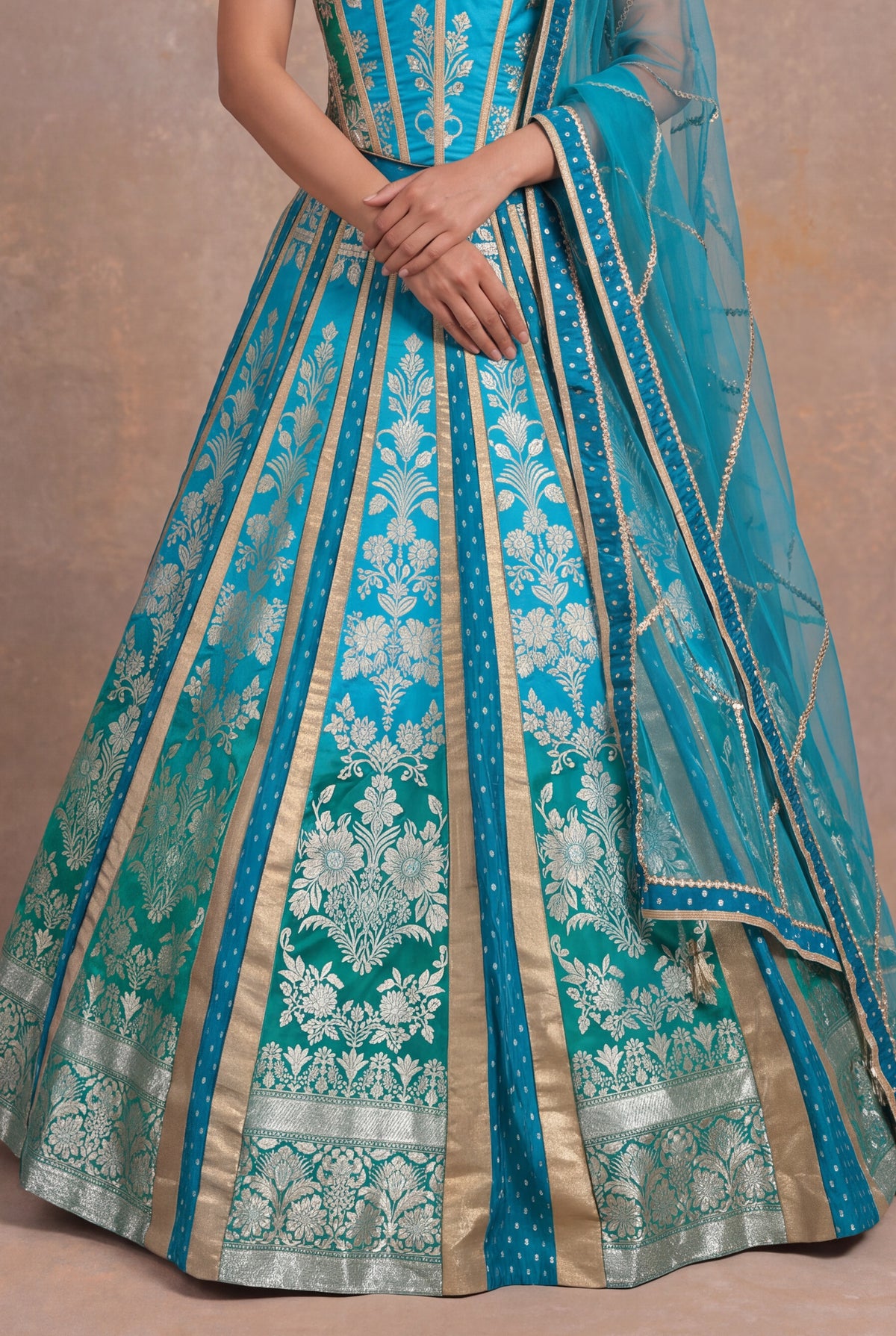 Turquoise Teal Ombre Banarasi Silk Lehenga Set - Mokshaa