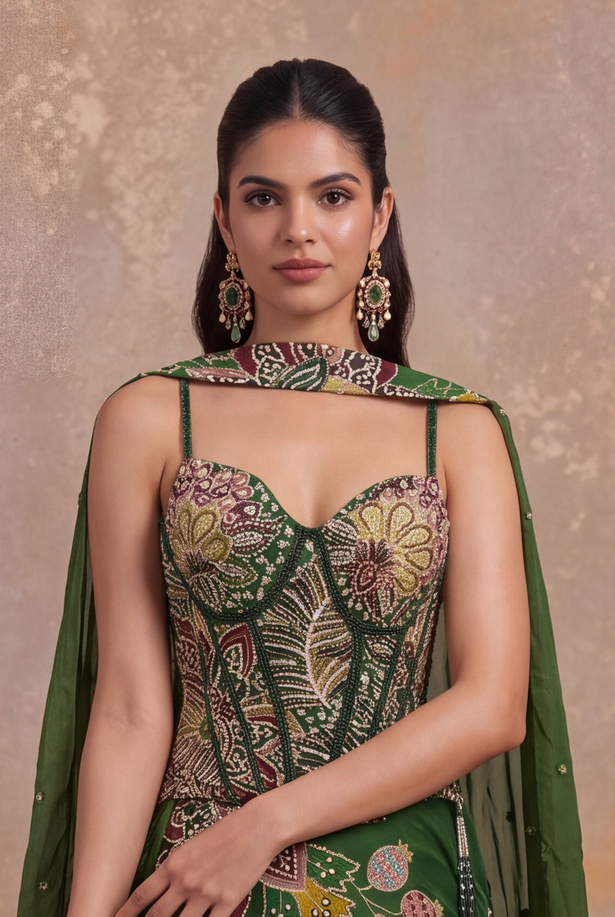 Forest Green Organza Floral Embroidered Corset Lehenga - Mokshaa