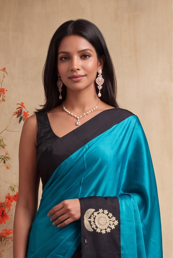 Teal Blue Crepe Silk Saree - Mokshaa