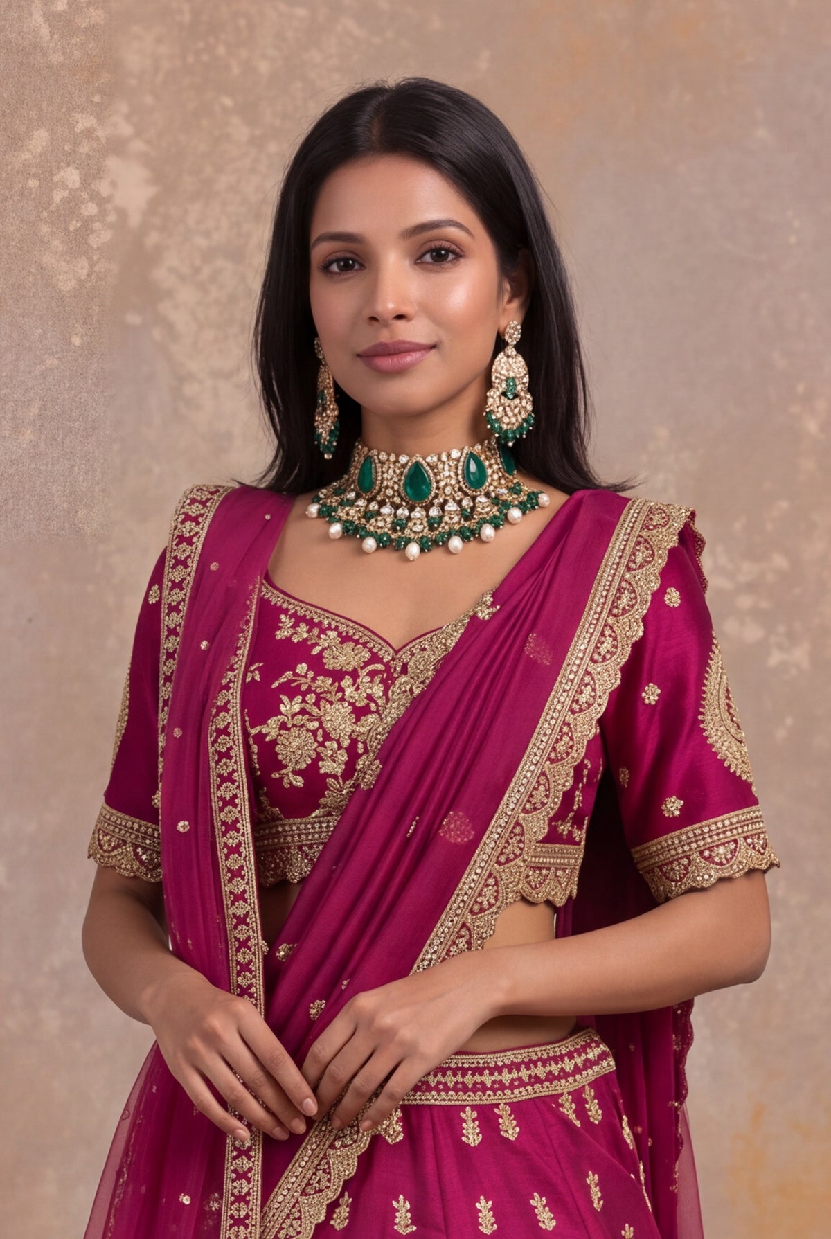 Magenta Raw Silk Lehenga Set with Zardozi and Kundan Work - Mokshaa