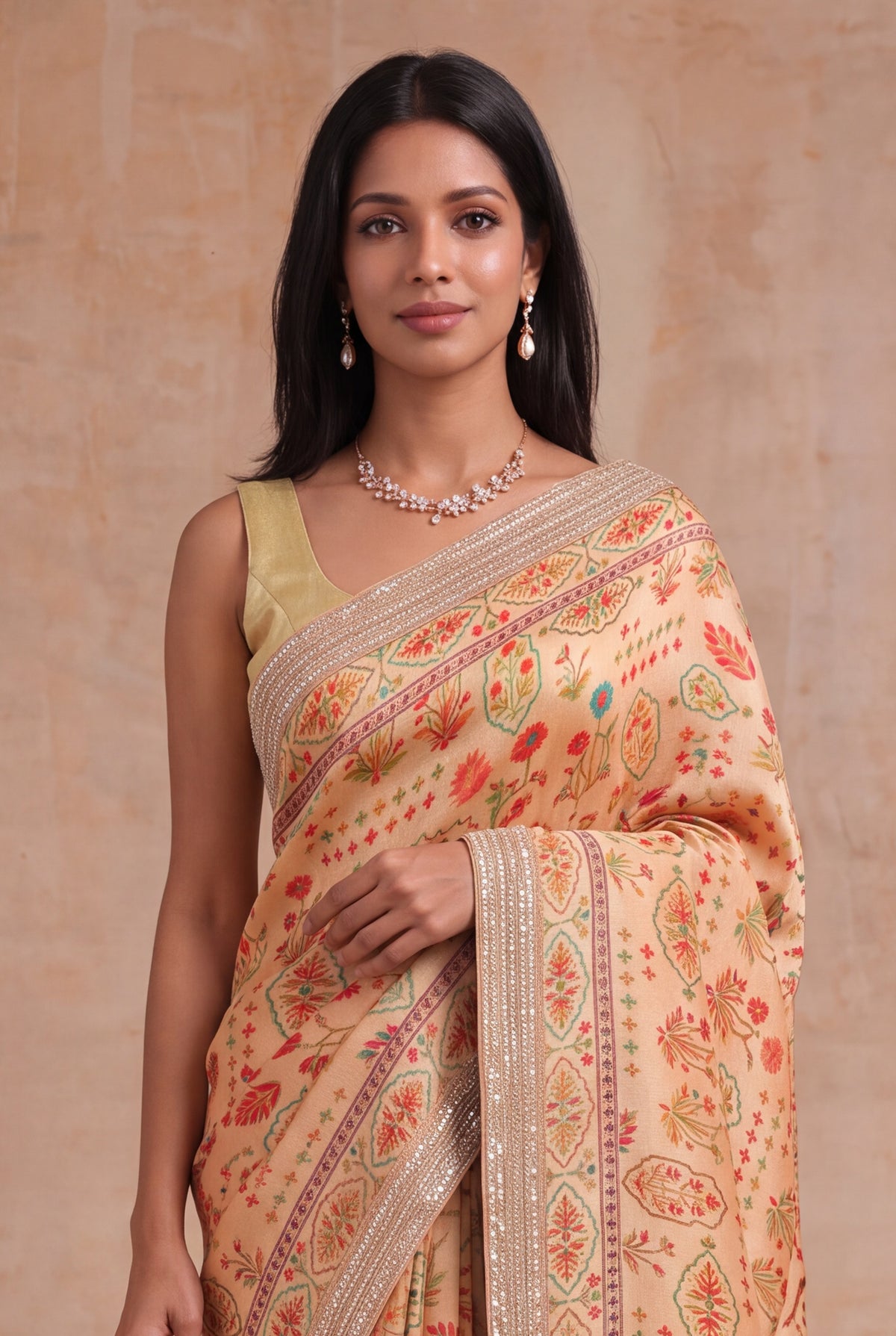 Peach Tissue Georgette Printed Saree - Mokshaa