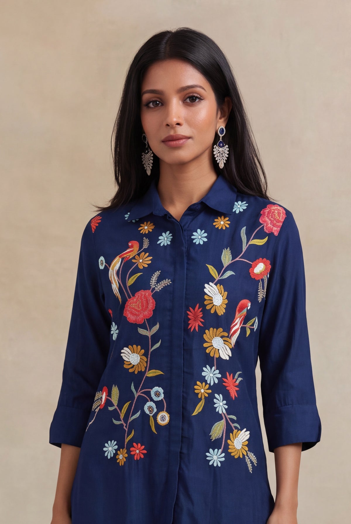 Navy Blue Silk Co-ord Set with Multicolour Embroidery - Mokshaa