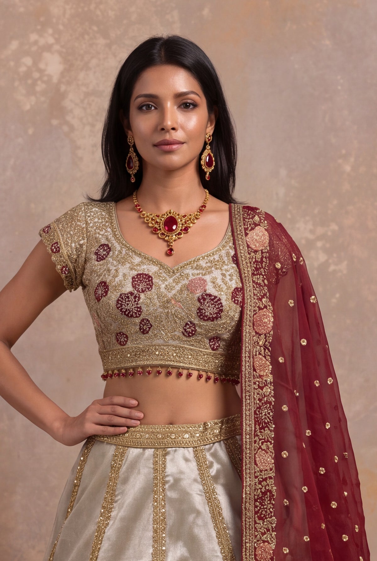 Gray Tissue Lehenga Set with Zardozi and Velvet Applique - Mokshaa