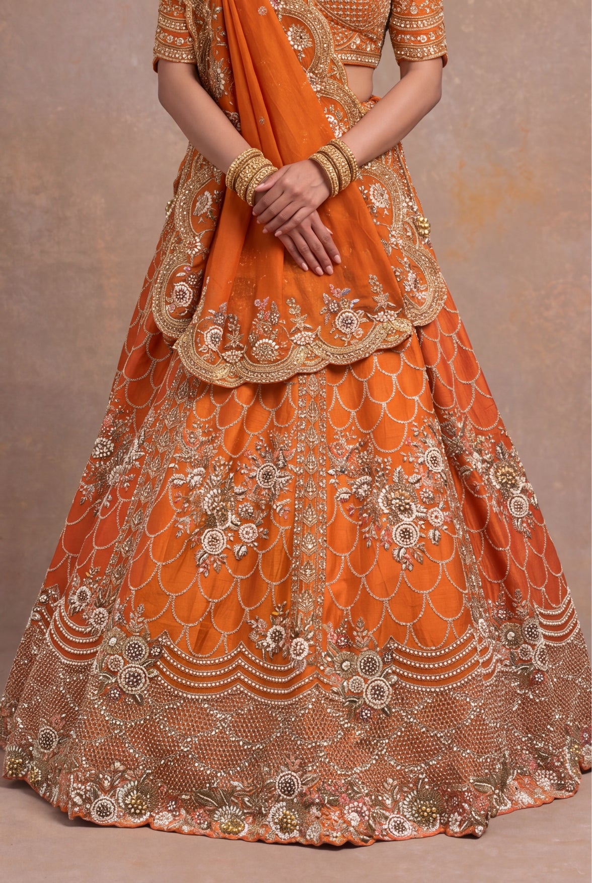 Orange Raw Silk Lehenga - Mokshaa