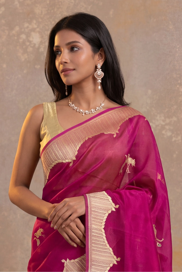 Rani Pink Banarasi Kora Silk Saree