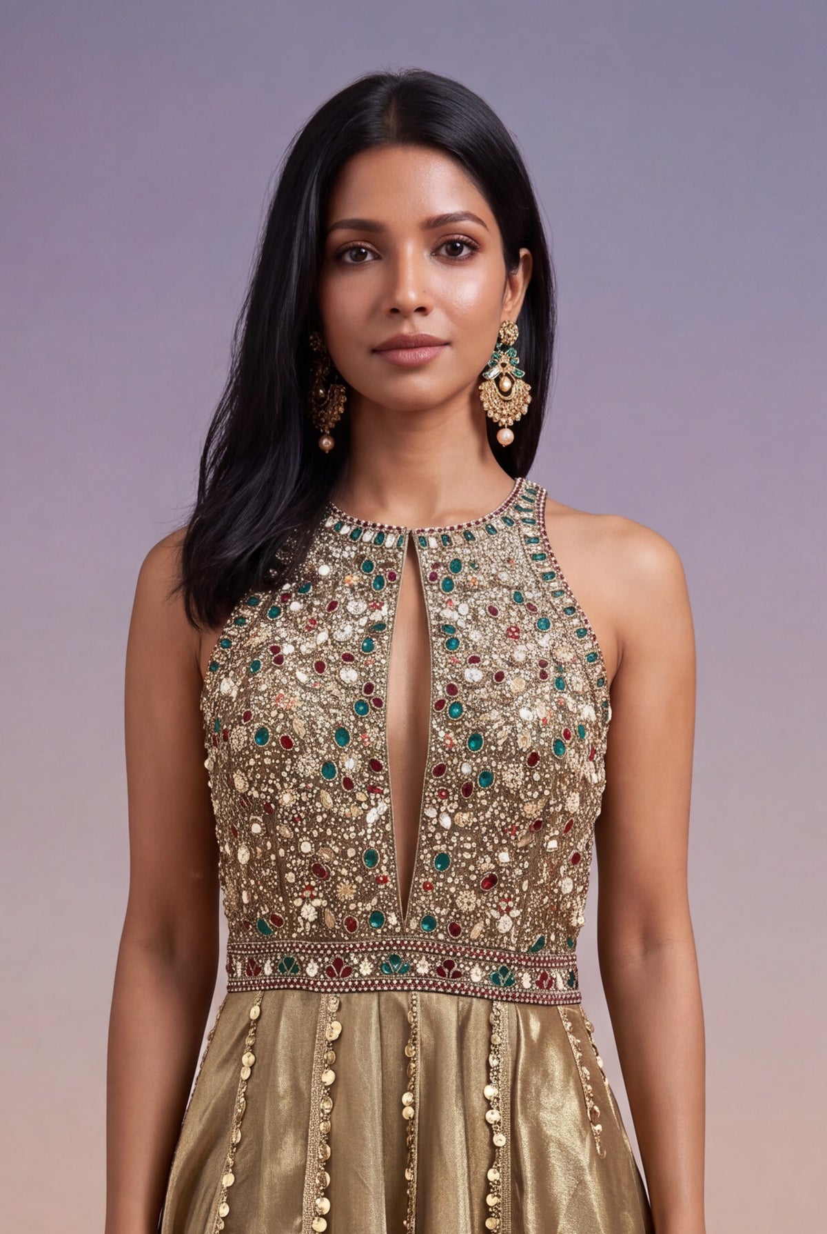 Gold Tissue Multicolour Sequin Gown - Mokshaa