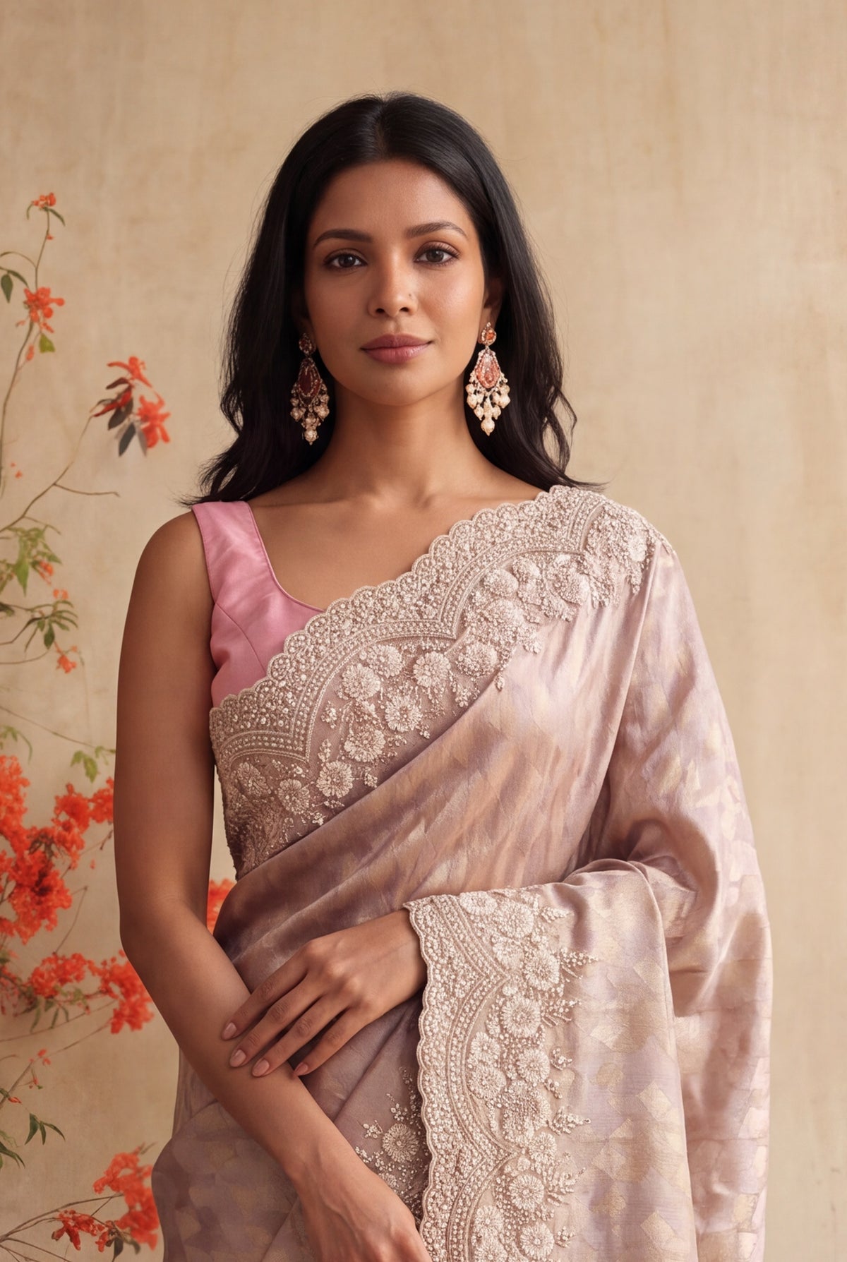 Peach Zari Weave Saree with Scalloped Border - Mokshaa