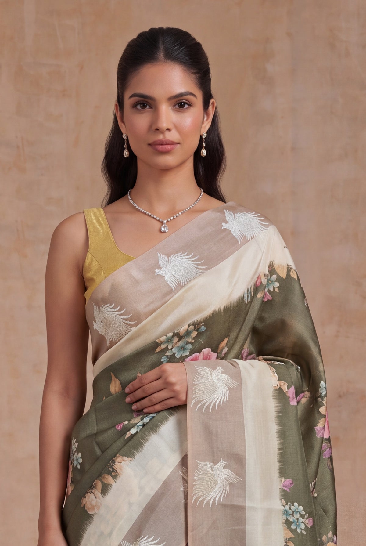 Olive Green Tussar Silk Saree - Mokshaa
