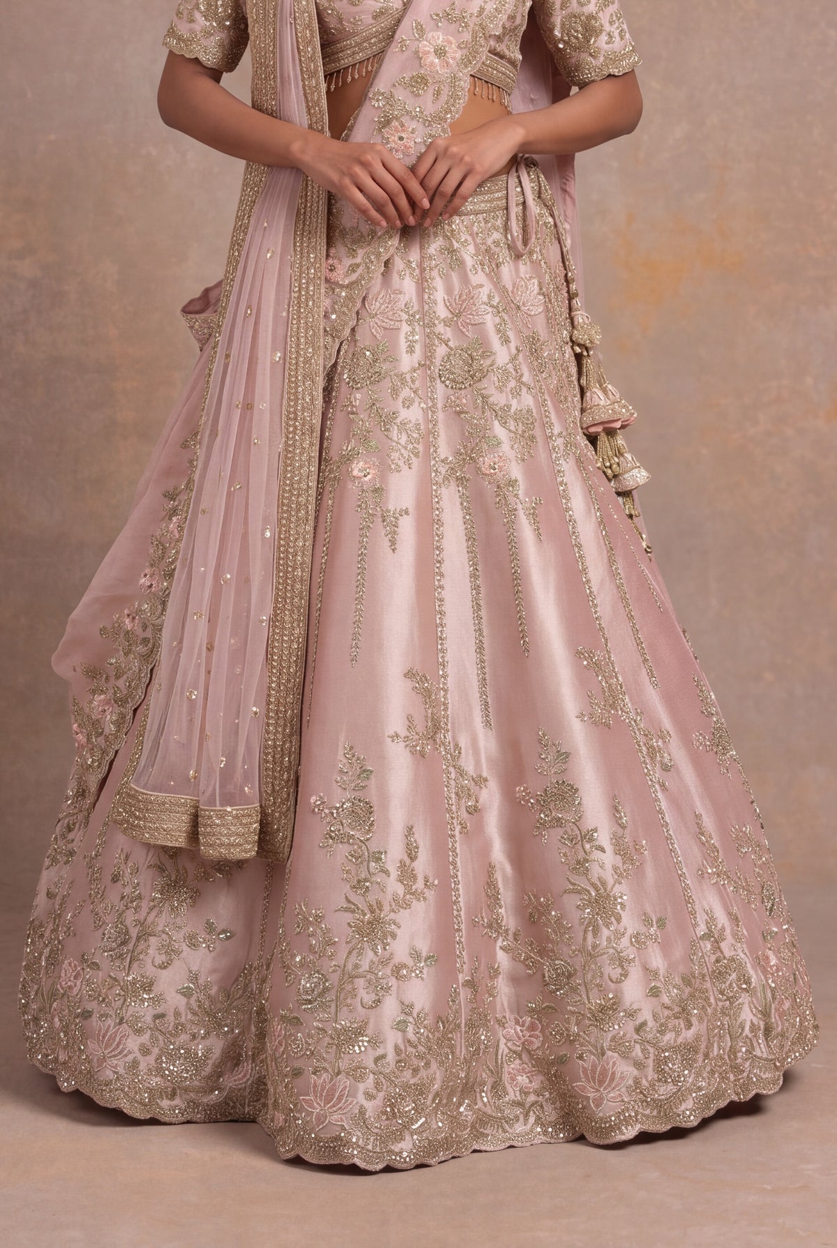 Baby Pink Tissue Silk Lehenga Set with Thread and Zardozi Work - Mokshaa