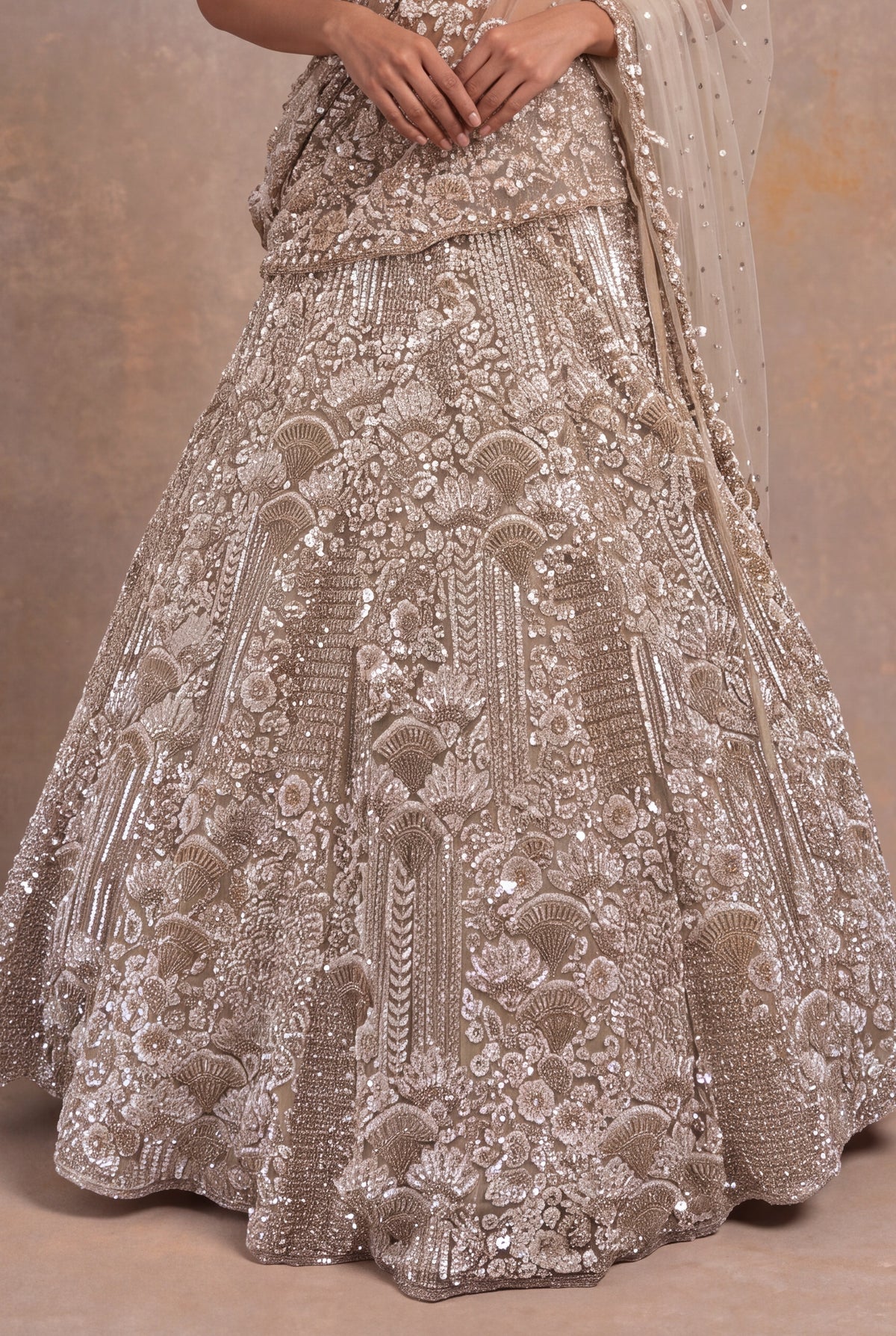 Beige Gold Net Lehenga with Sequin and Bead Embroidery - Mokshaa