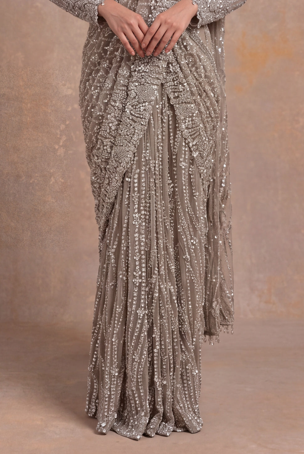 Beige Embellished Net Pre-Draped Saree - Mokshaa