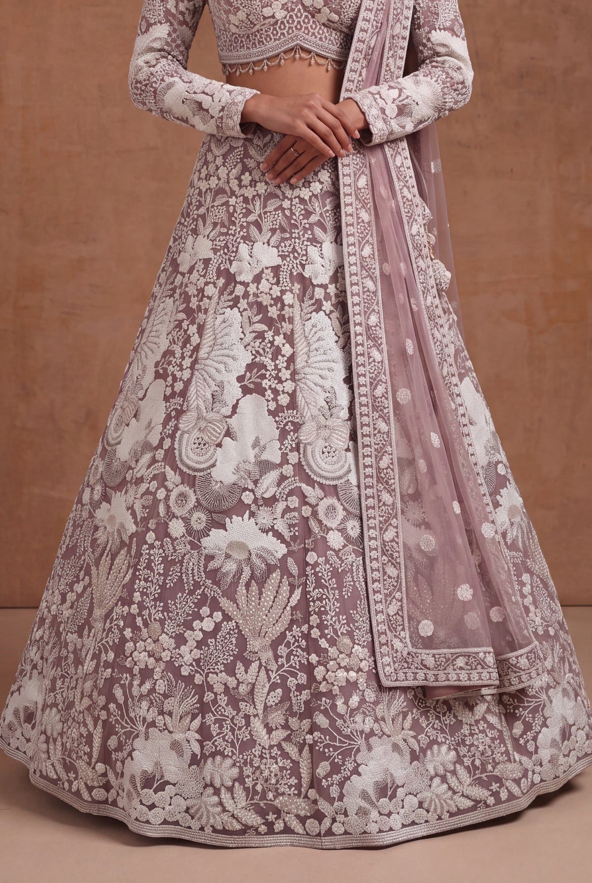 Dusty Mauve Net Lehenga - Mokshaa