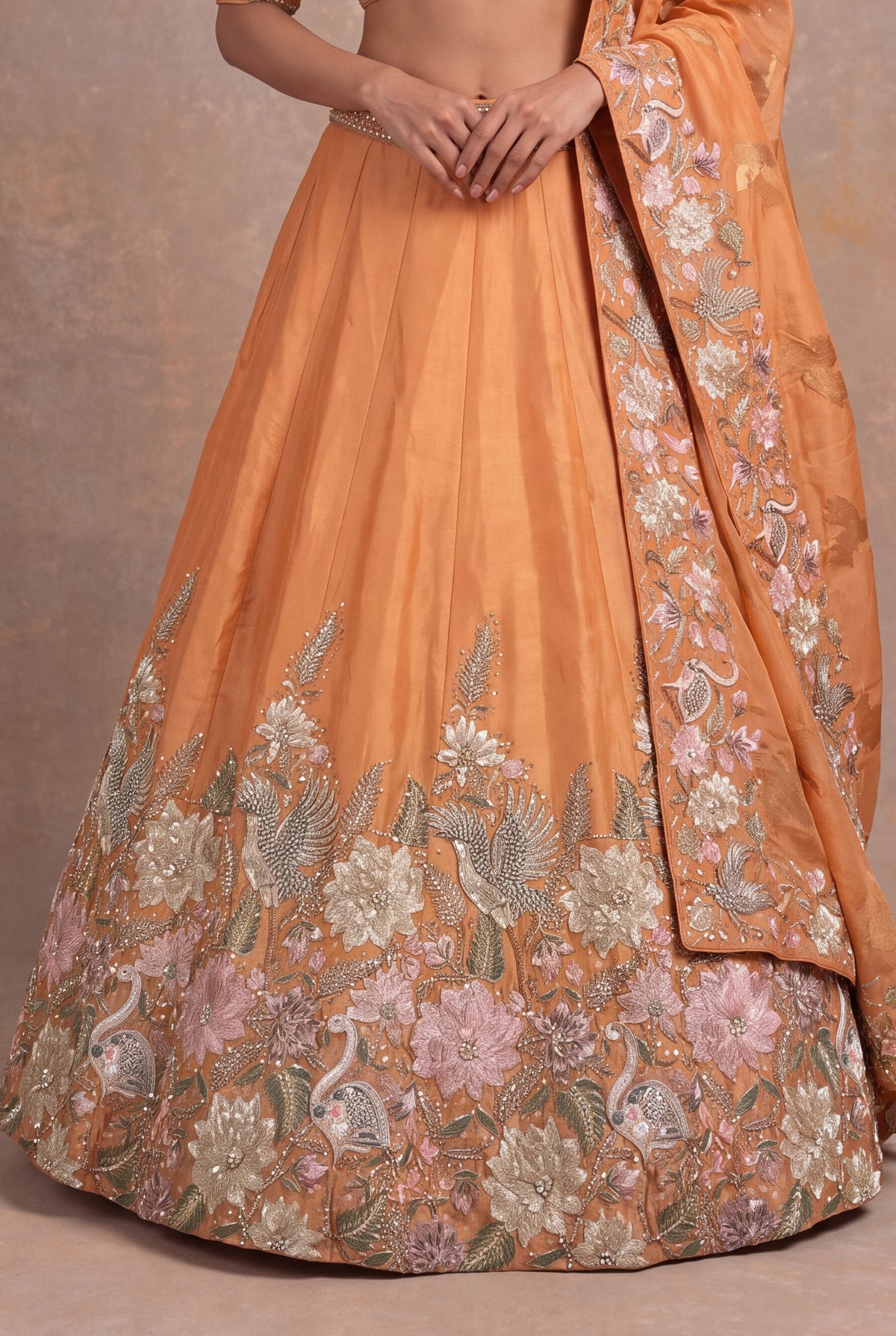 Light Orange Organza Tissue Floral Embroidered Lehenga - Mokshaa