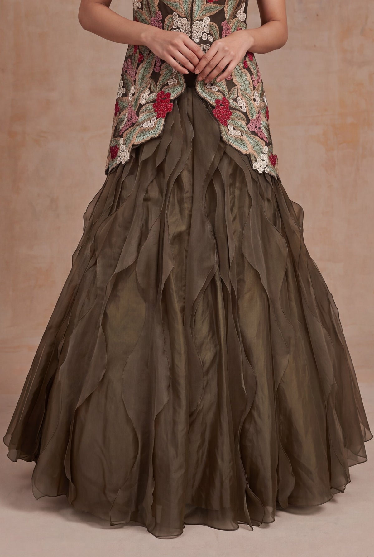 Olive Green Silk & Organza Botanical Embroidery Set - Mokshaa