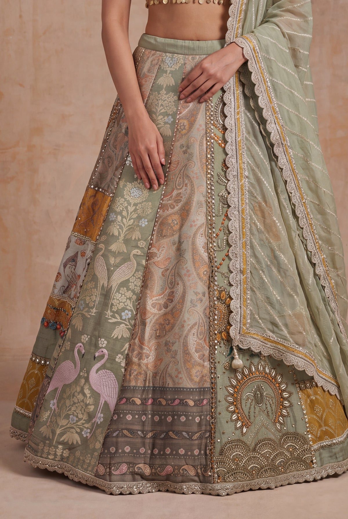 Light Green & Mustard Banarasi Printed Lehenga - Mokshaa