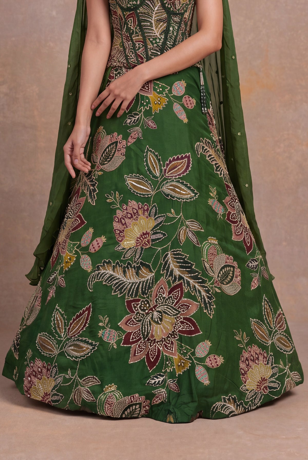 Forest Green Organza Floral Embroidered Corset Lehenga - Mokshaa