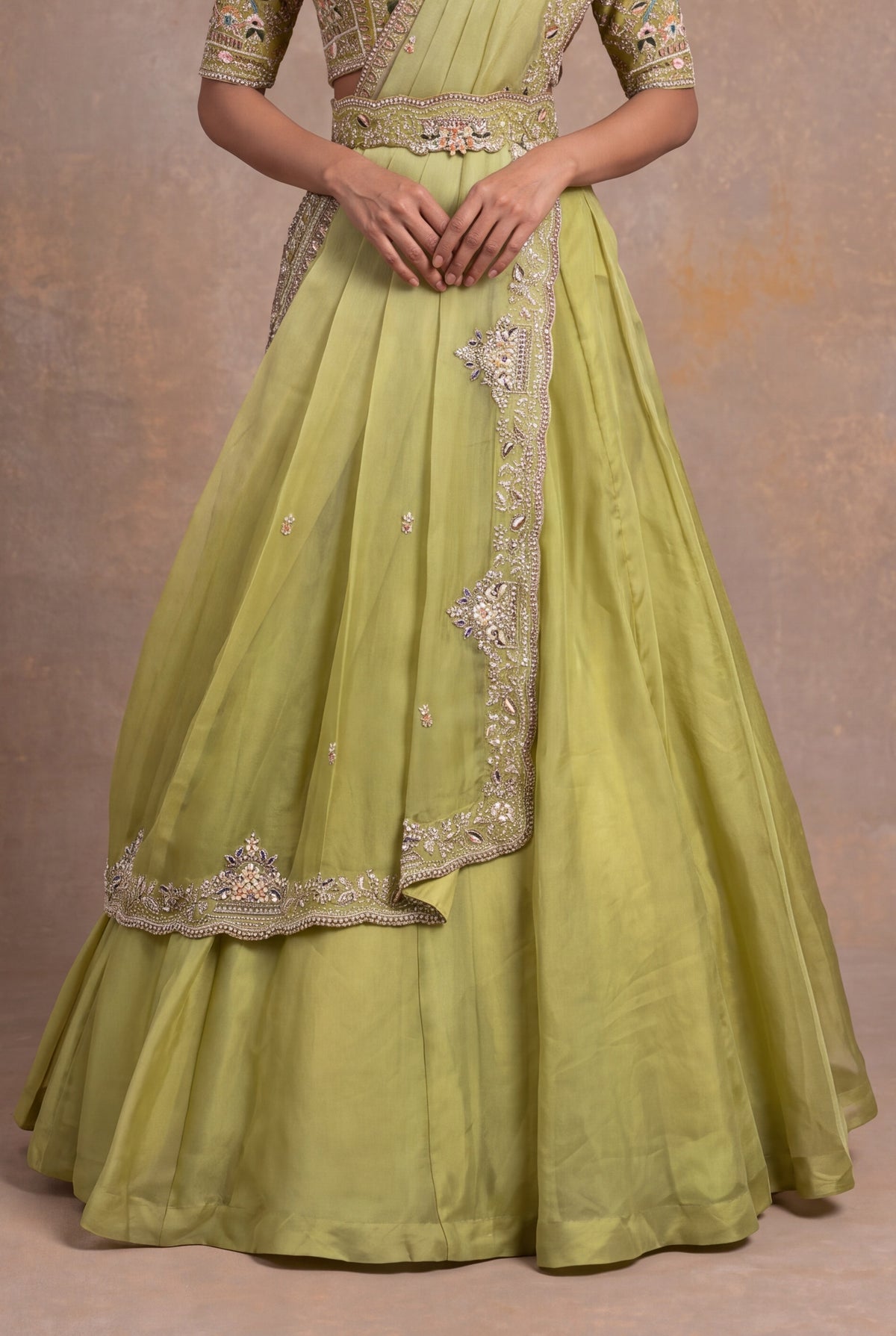 Pastel Green Organza Draped Lehenga - Mokshaa