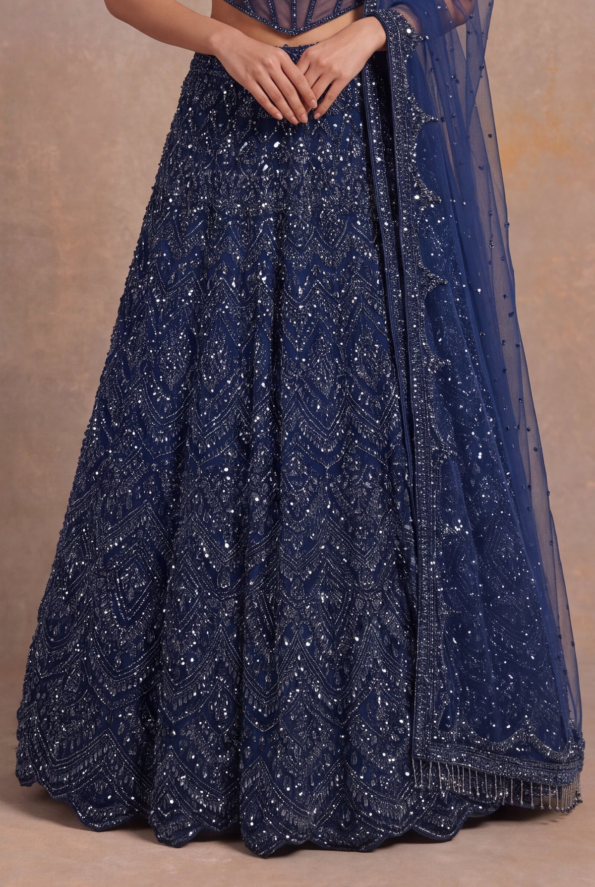 Navy Blue Net Corset Lehenga - Mokshaa