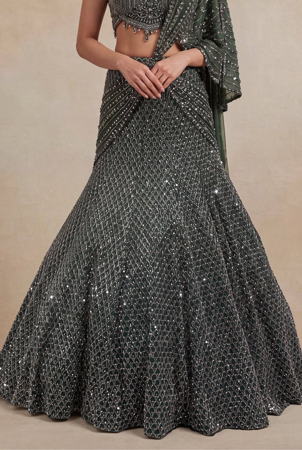 Mehandi Green Net Lehenga - Mokshaa