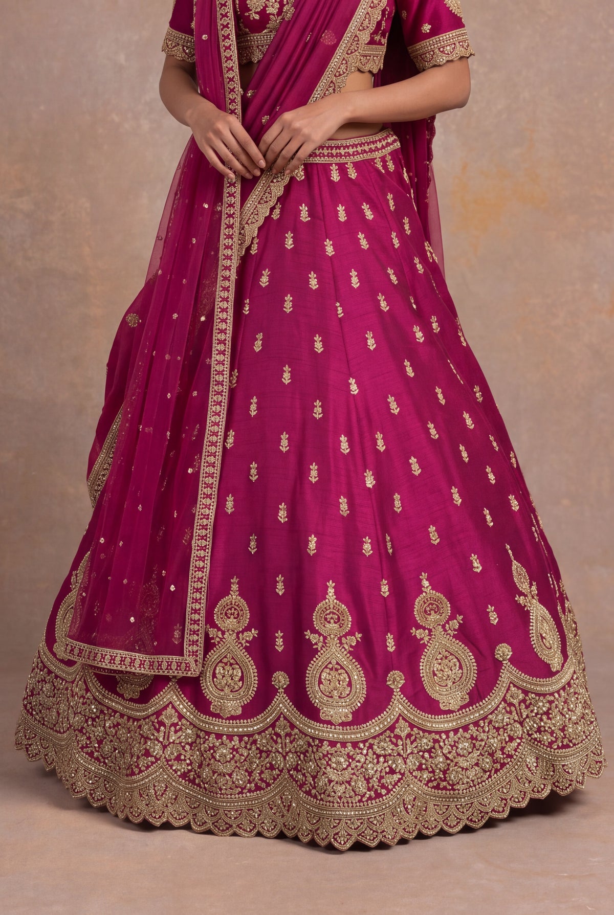 Magenta Raw Silk Lehenga Set with Zardozi and Kundan Work - Mokshaa