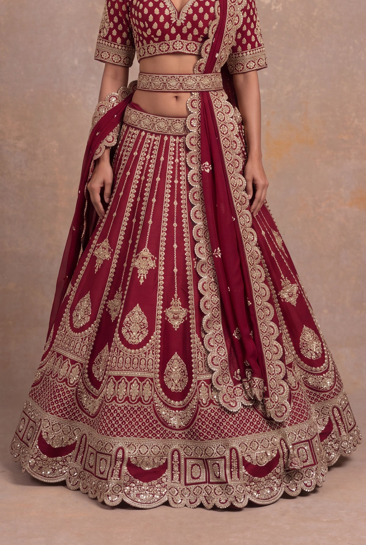 Maroon Raw Silk Lehenga Set with Zari and Pearl Embroidery - Mokshaa
