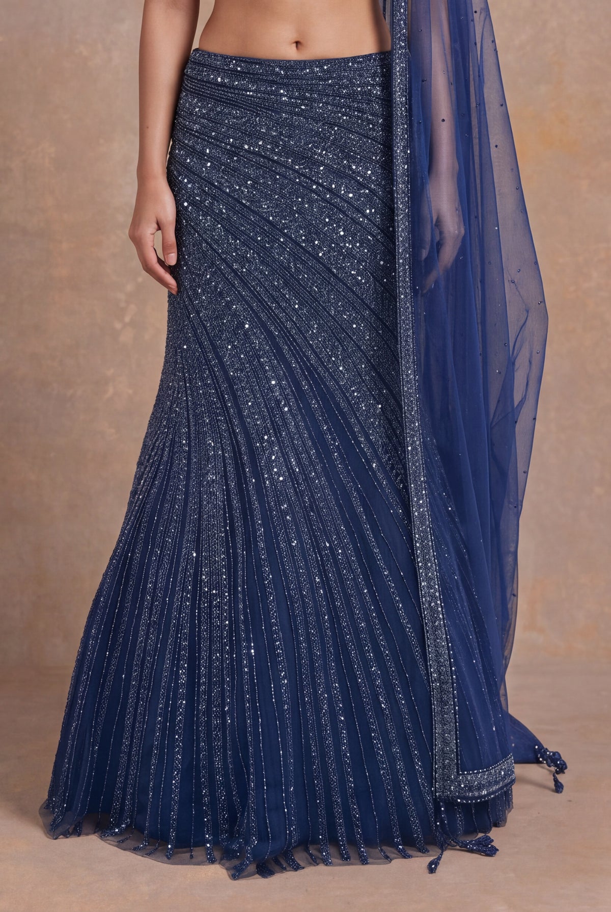 Navy Blue Fish Cut Net Lehenga - Mokshaa