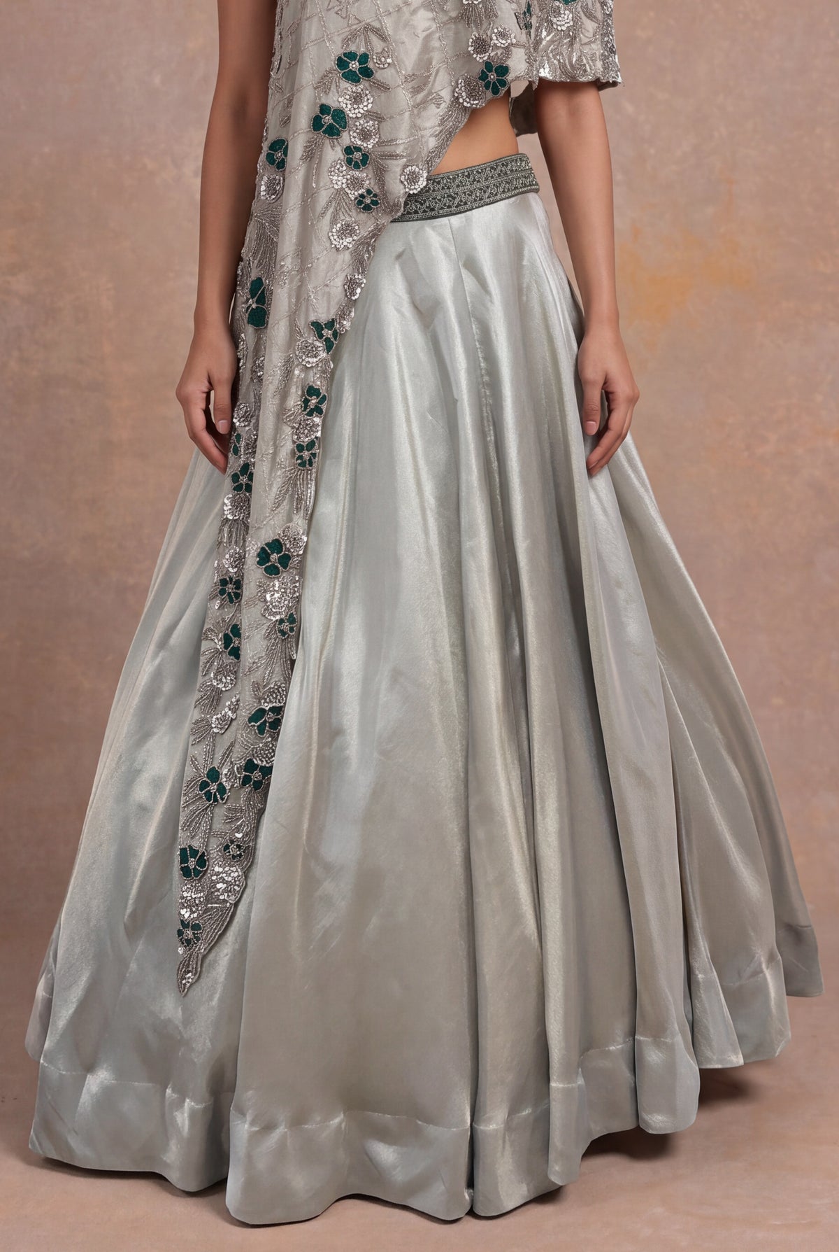 Silver Grey Lehenga with Sequin and Cutdana Floral Embroidery - Mokshaa