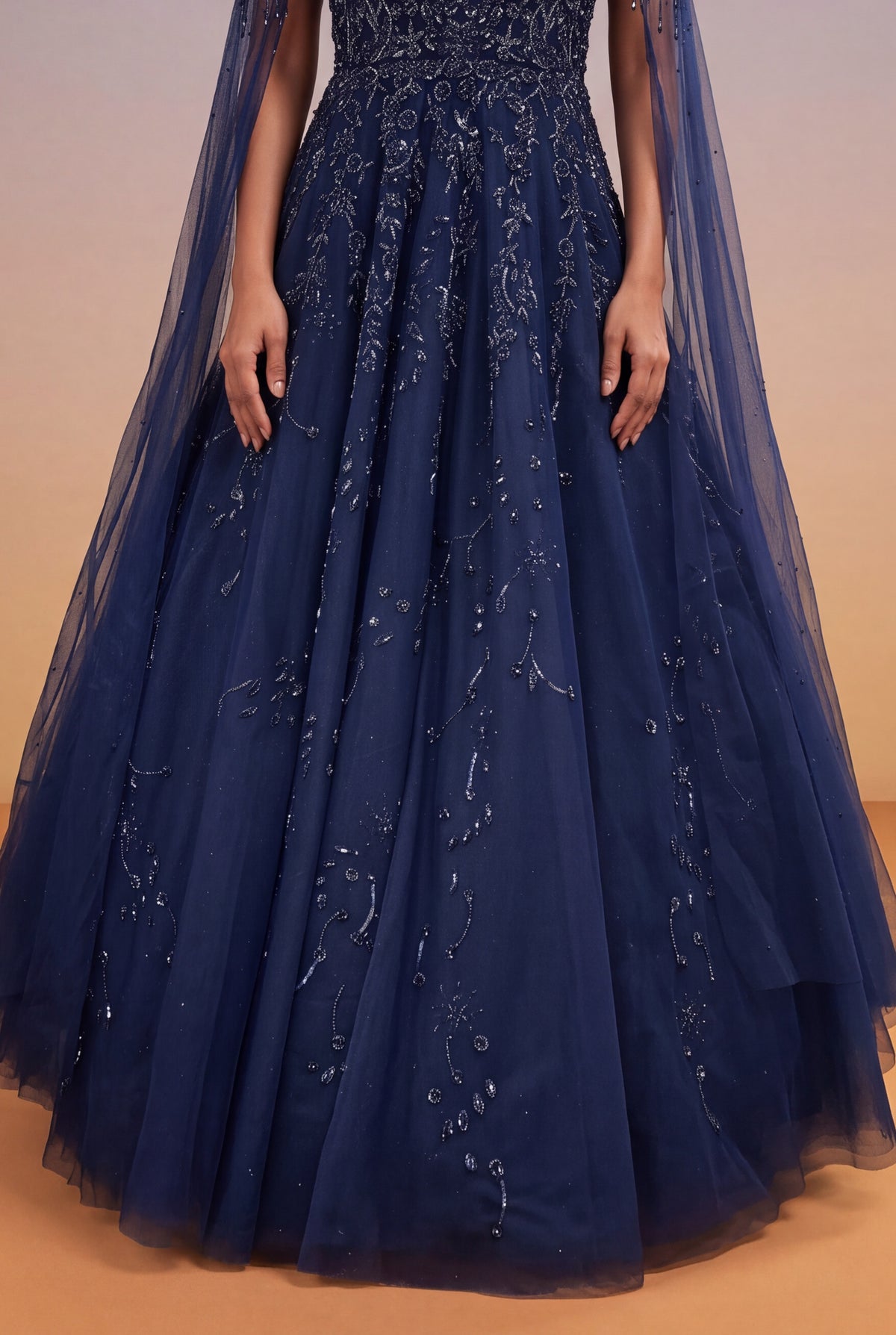 Navy Blue Katdana & Sequin Net Gown with Cape - Mokshaa