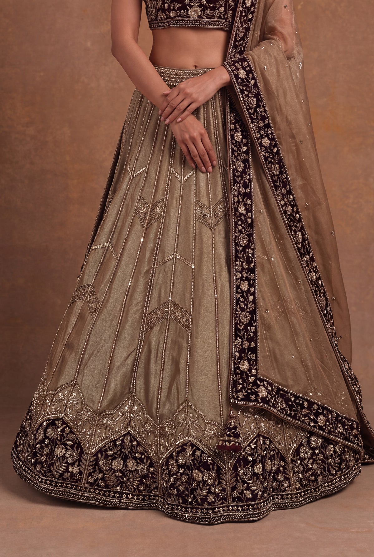 Tissue Lehenga with Maroon Velvet Blouse - Mokshaa