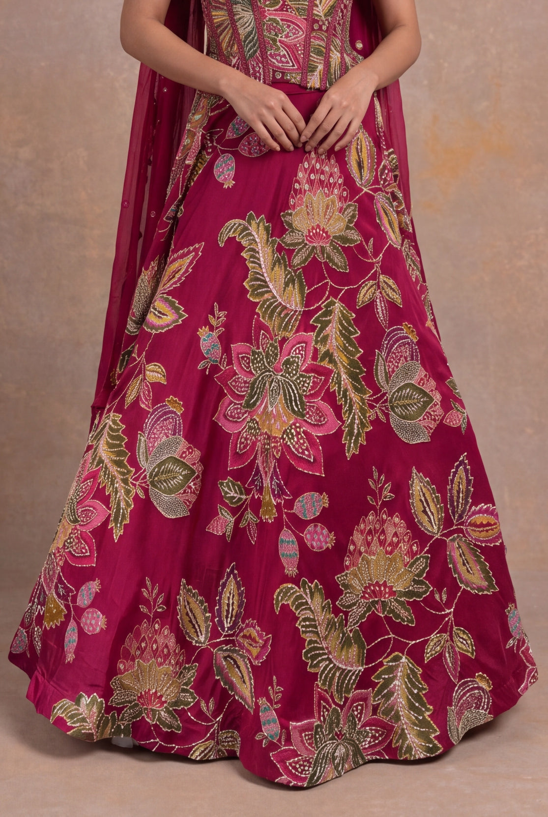Rani Pink Organza Floral Embroidered Corset Lehenga - Mokshaa