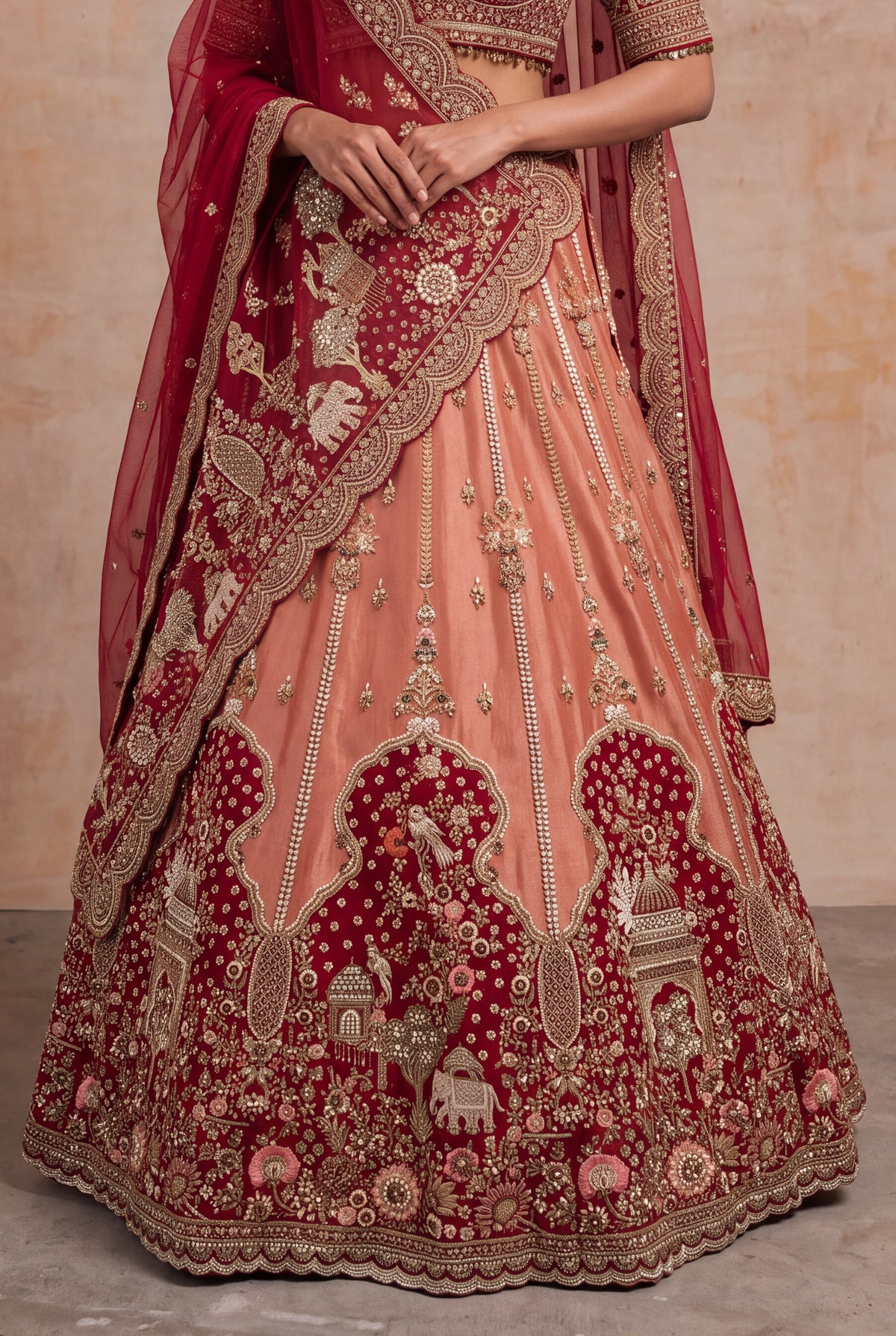 Peach & Deep Red Tissue Bridal Lehenga - Mokshaa